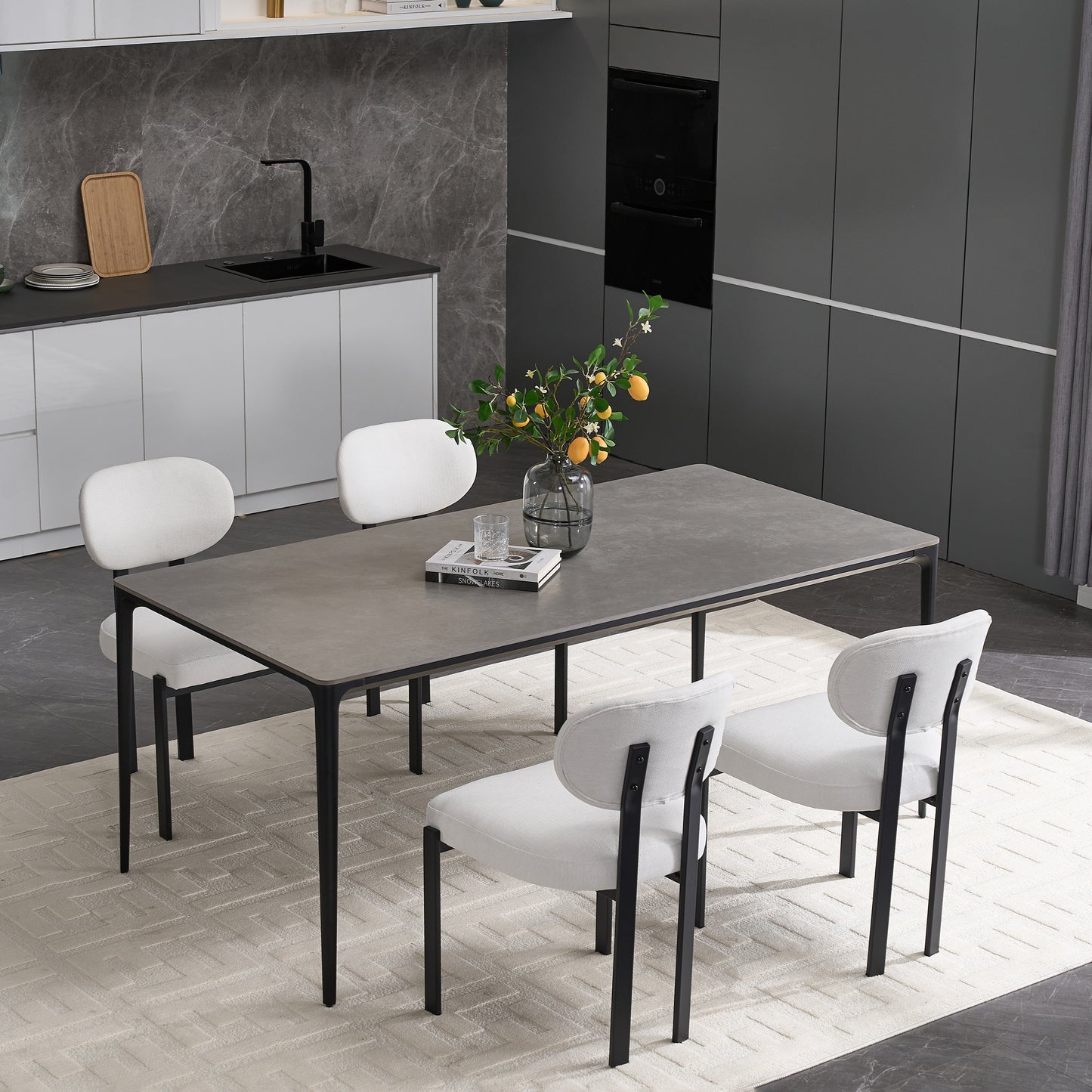 Modern Dining Room Chairs Set of 2, Mid-Century Upholstered Boucle Kitchen Dining Chairs with Black Metal Legs