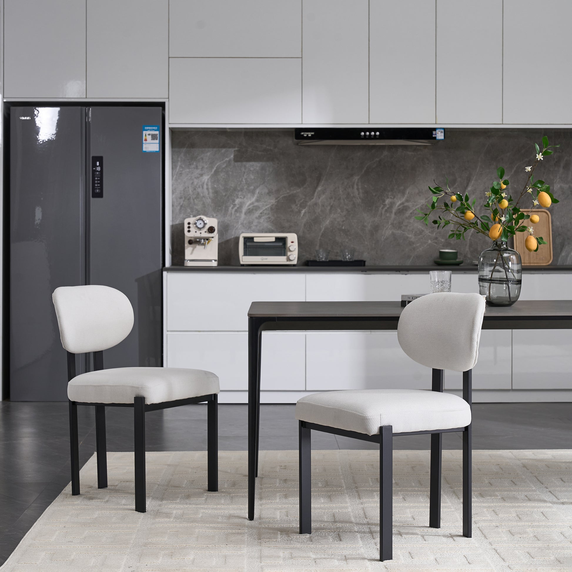 Modern Dining Room Chairs Set of 2, Mid-Century Upholstered Boucle Kitchen Dining Chairs with Black Metal Legs