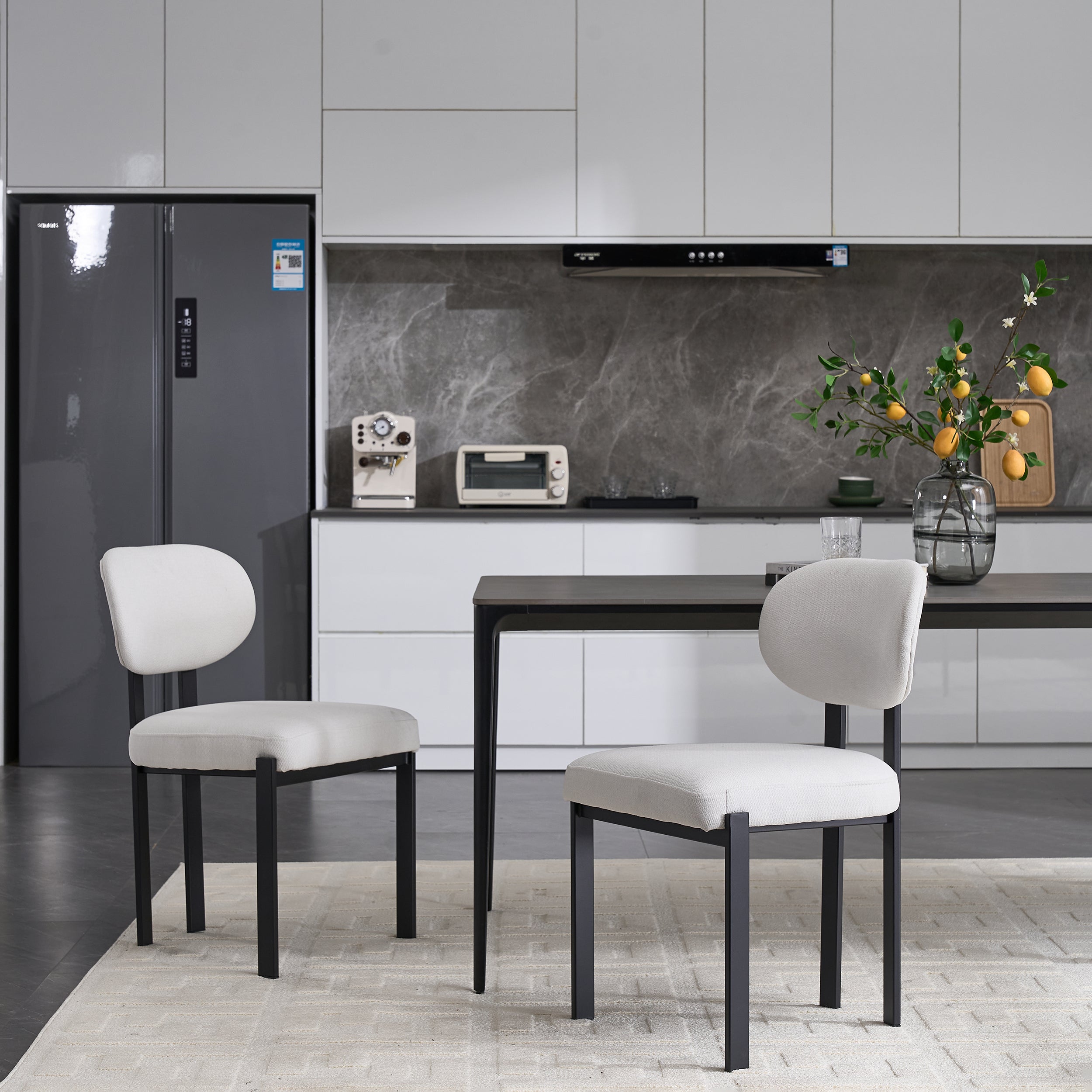 Modern Dining Room Chairs Set of 2, Mid-Century Upholstered Boucle Kitchen Dining Chairs with Black Metal Legs