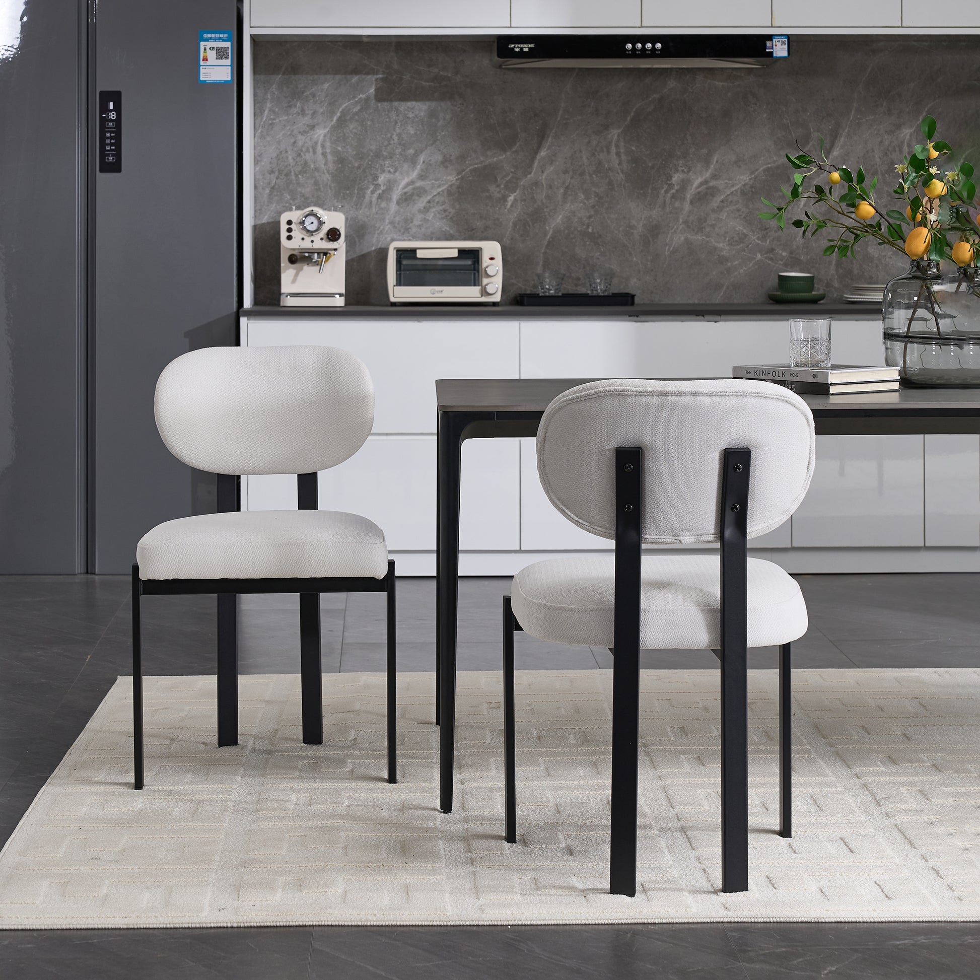 Modern Dining Room Chairs Set of 2, Mid-Century Upholstered Boucle Kitchen Dining Chairs with Black Metal Legs