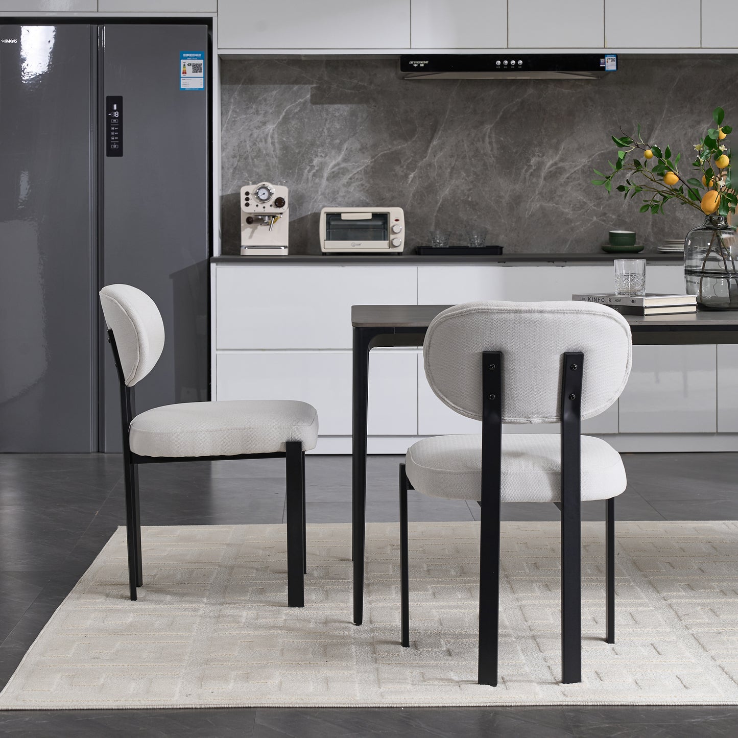 Modern Dining Room Chairs Set of 2, Mid-Century Upholstered Boucle Kitchen Dining Chairs with Black Metal Legs