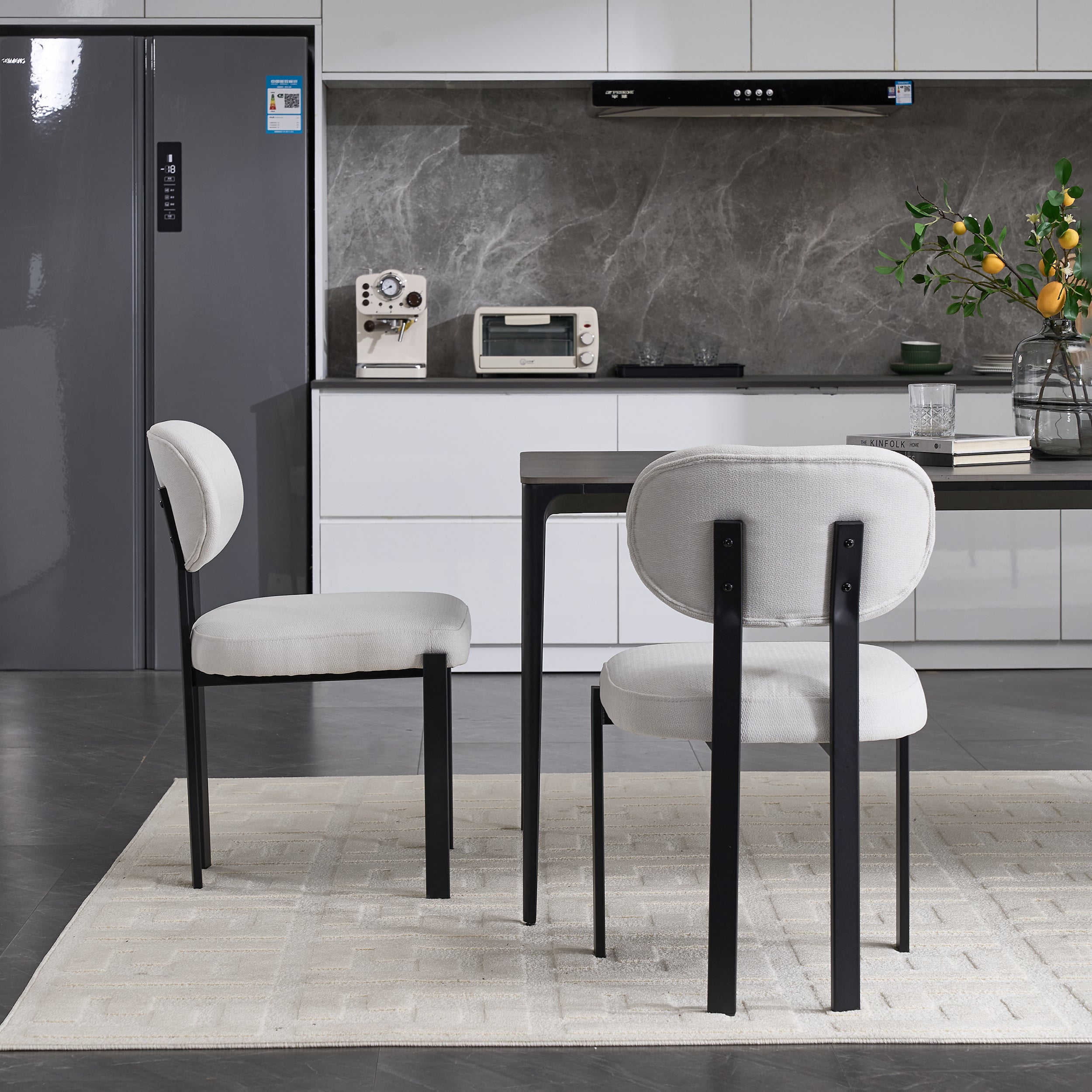 Modern Dining Room Chairs Set of 2, Mid-Century Upholstered Boucle Kitchen Dining Chairs with Black Metal Legs