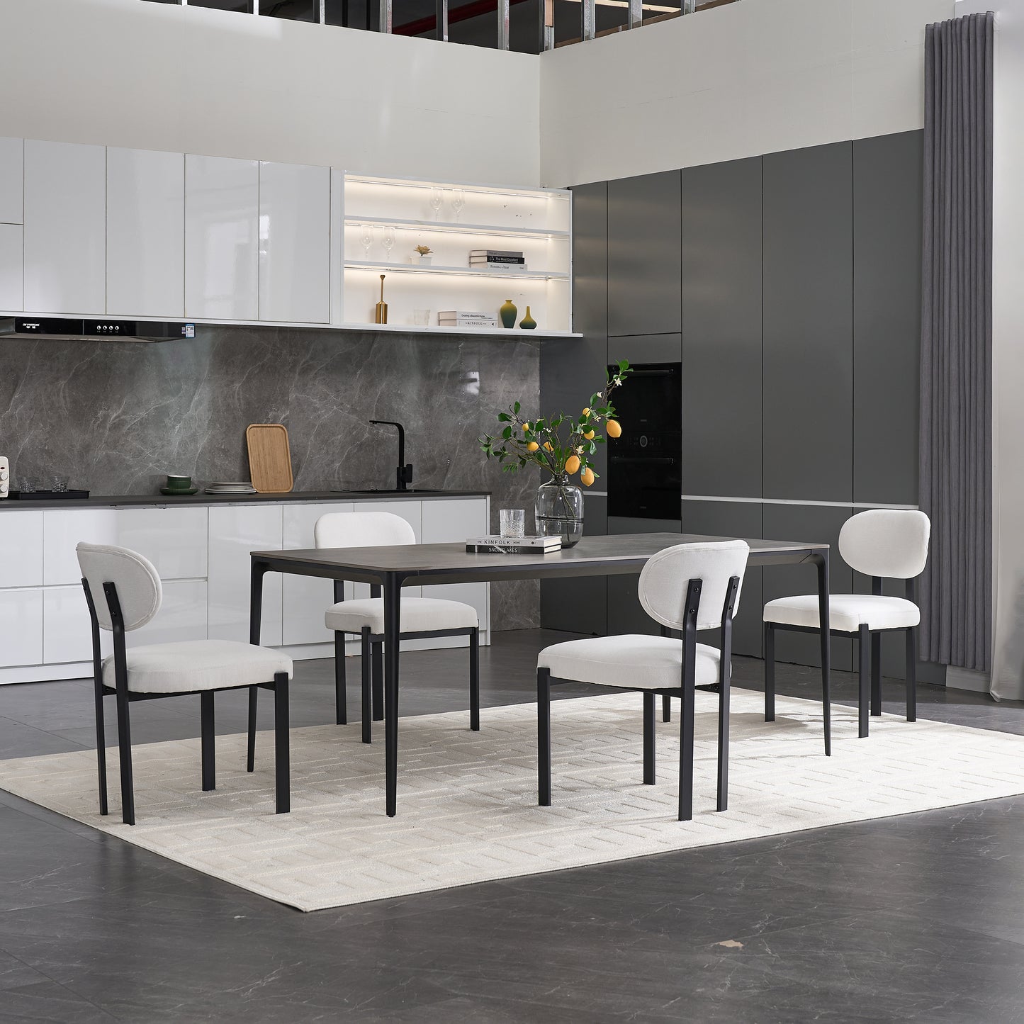 Modern Dining Room Chairs Set of 2, Mid-Century Upholstered Boucle Kitchen Dining Chairs with Black Metal Legs