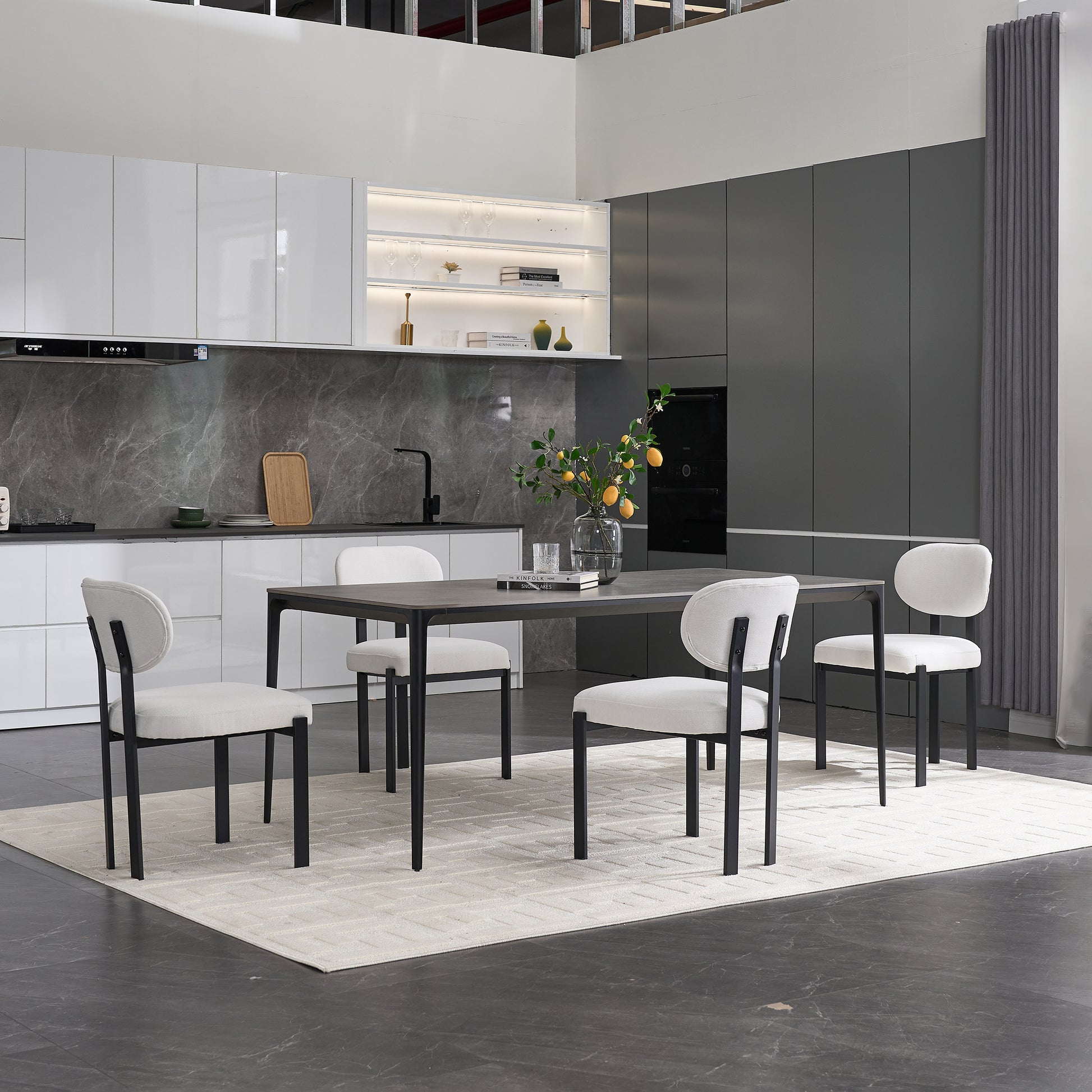 Modern Dining Room Chairs Set of 2, Mid-Century Upholstered Boucle Kitchen Dining Chairs with Black Metal Legs