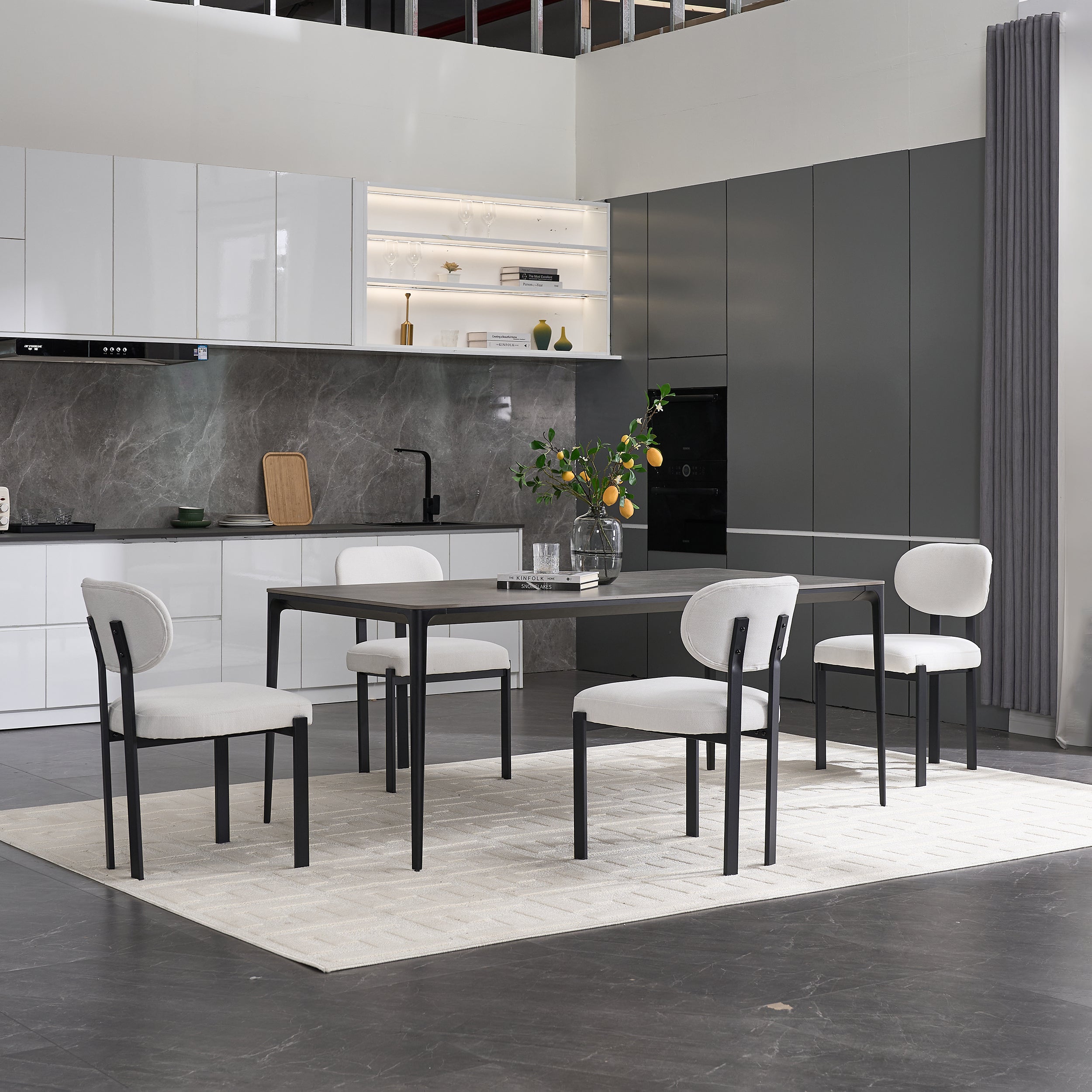 Modern Dining Room Chairs Set of 2, Mid-Century Upholstered Boucle Kitchen Dining Chairs with Black Metal Legs