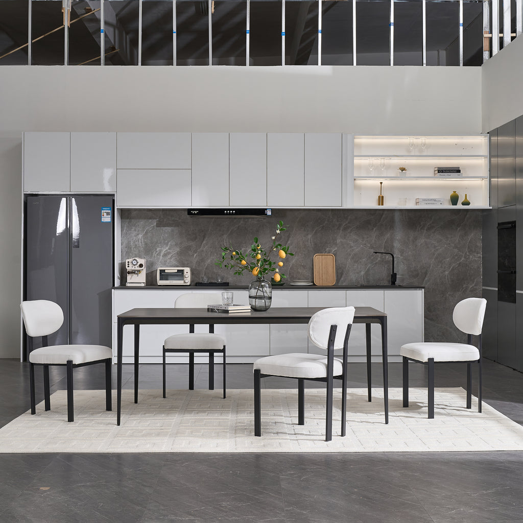 Modern Dining Room Chairs Set of 2, Mid-Century Upholstered Boucle Kitchen Dining Chairs with Black Metal Legs