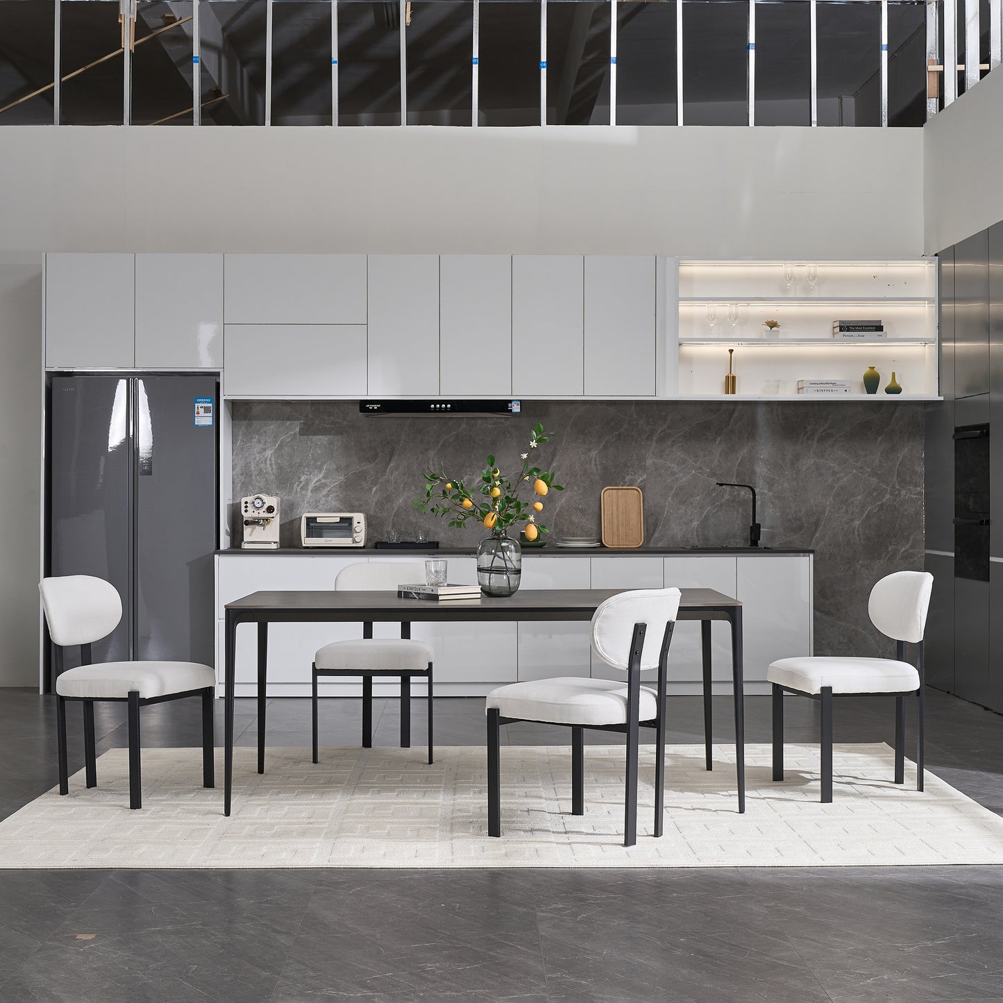 Modern Dining Room Chairs Set of 2, Mid-Century Upholstered Boucle Kitchen Dining Chairs with Black Metal Legs