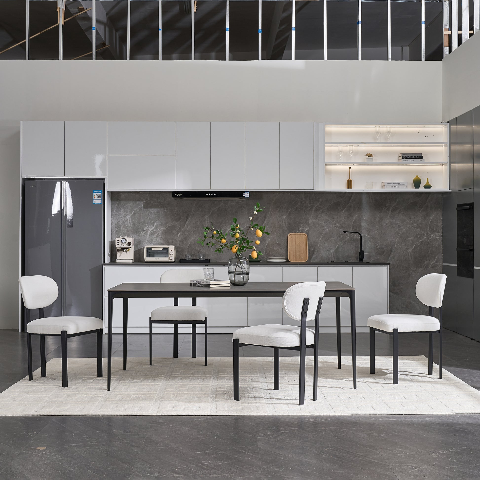 Modern Dining Room Chairs Set of 2, Mid-Century Upholstered Boucle Kitchen Dining Chairs with Black Metal Legs