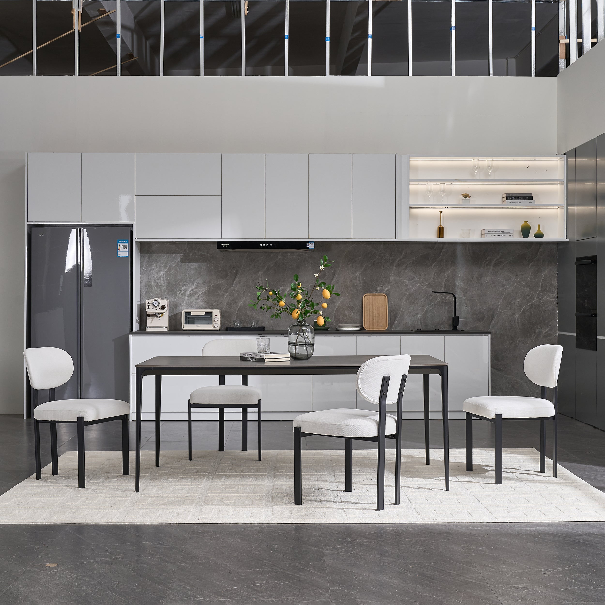 Modern Dining Room Chairs Set of 2, Mid-Century Upholstered Boucle Kitchen Dining Chairs with Black Metal Legs