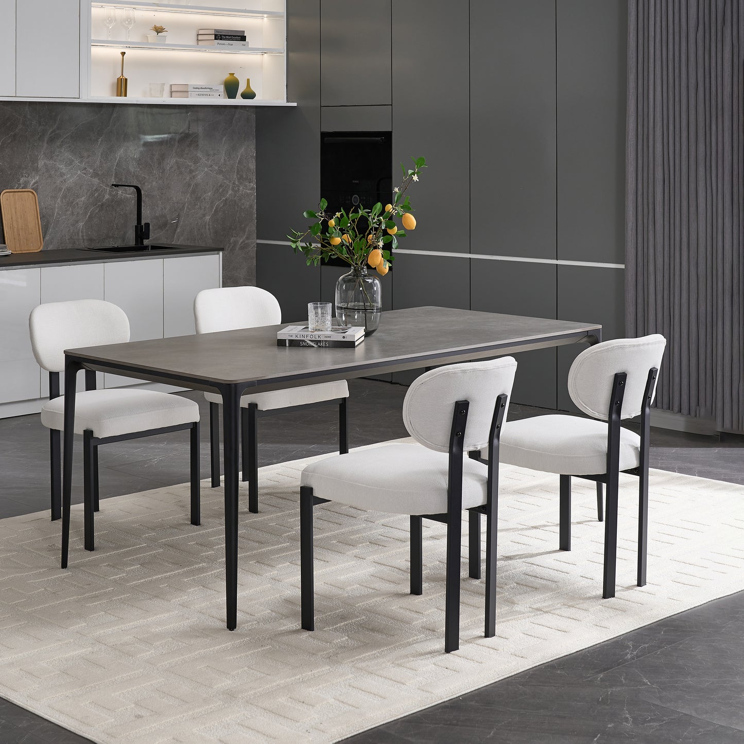 Modern Dining Room Chairs Set of 2, Mid-Century Upholstered Boucle Kitchen Dining Chairs with Black Metal Legs