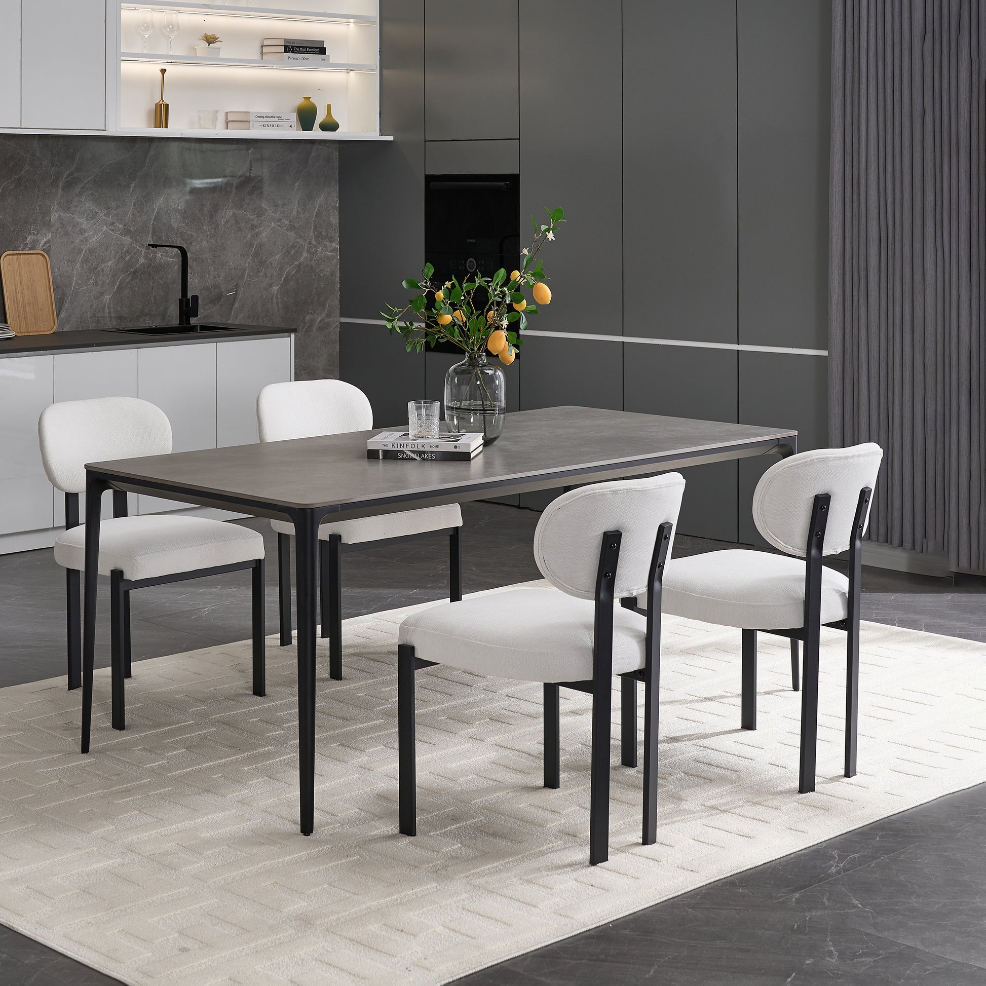 Modern Dining Room Chairs Set of 2, Mid-Century Upholstered Boucle Kitchen Dining Chairs with Black Metal Legs