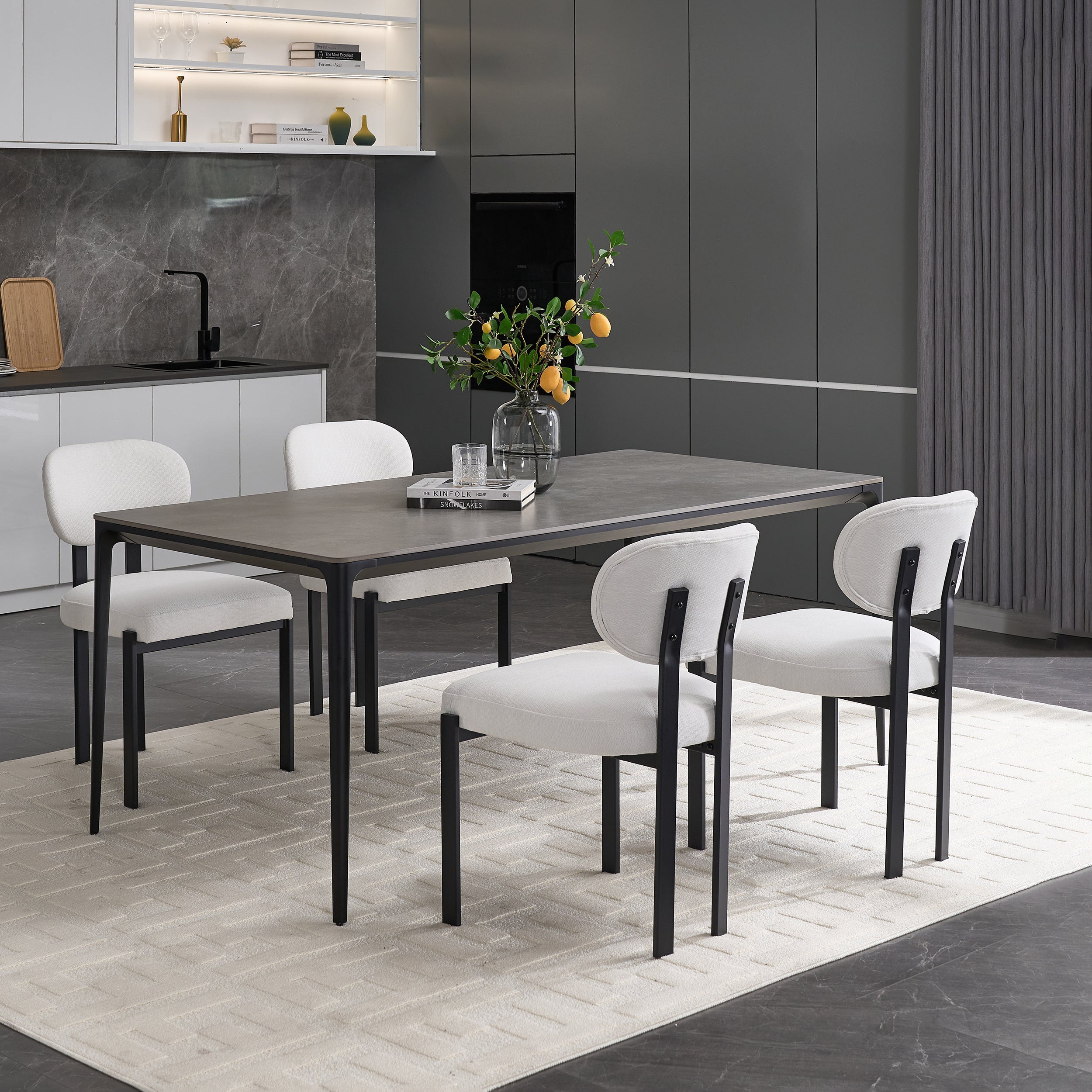 Modern Dining Room Chairs Set of 2, Mid-Century Upholstered Boucle Kitchen Dining Chairs with Black Metal Legs