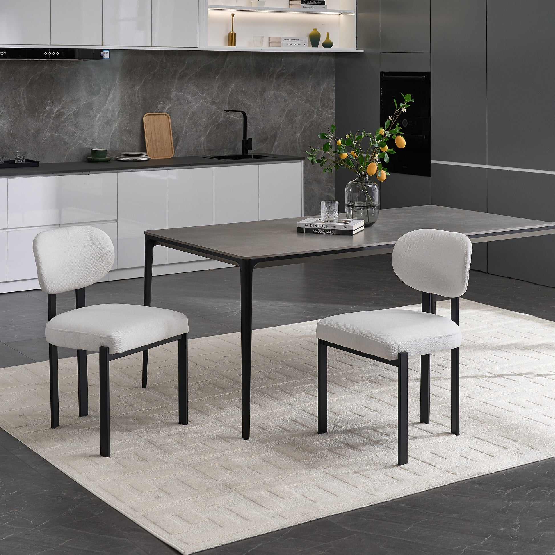 Modern Dining Room Chairs Set of 2, Mid-Century Upholstered Boucle Kitchen Dining Chairs with Black Metal Legs