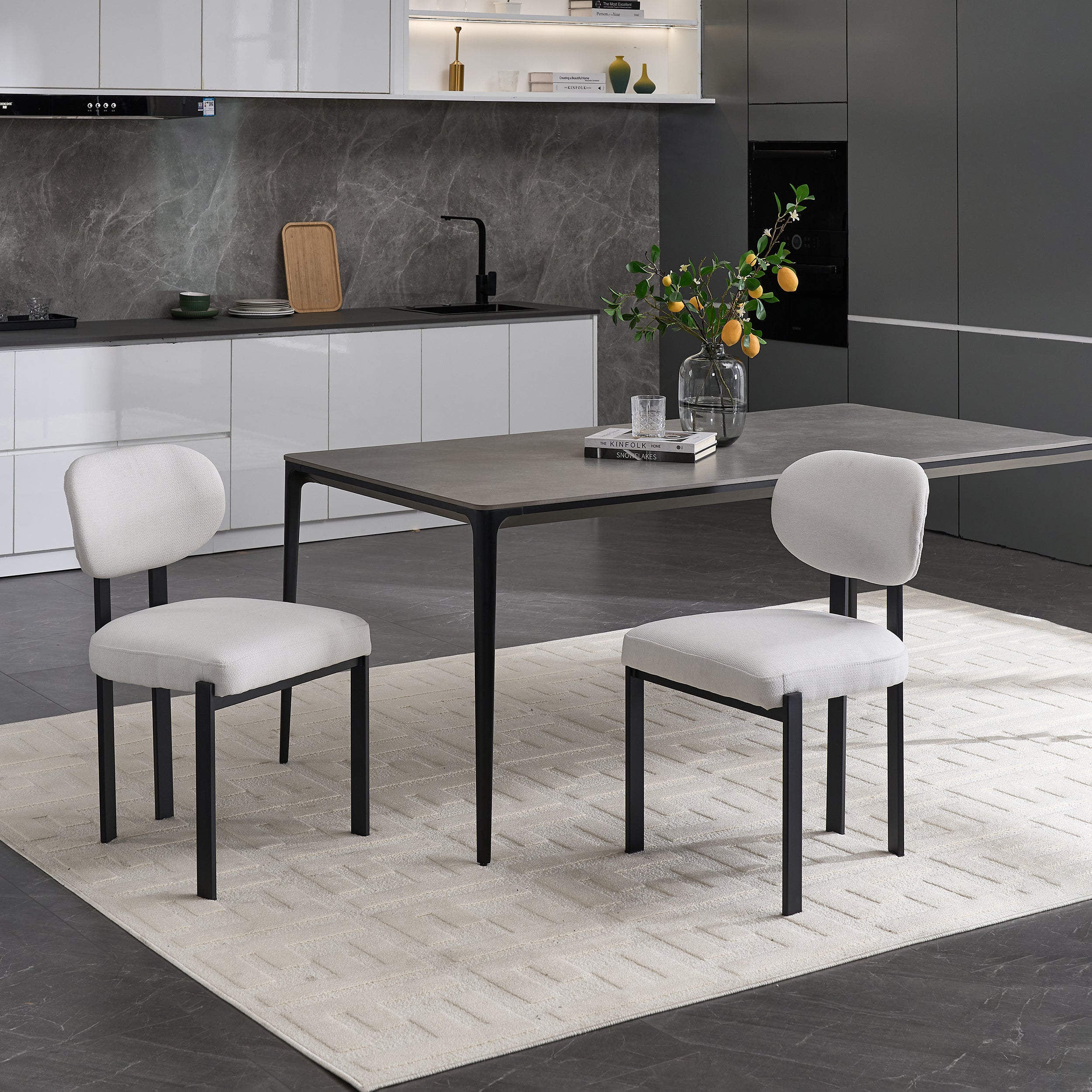 Modern Dining Room Chairs Set of 2, Mid-Century Upholstered Boucle Kitchen Dining Chairs with Black Metal Legs