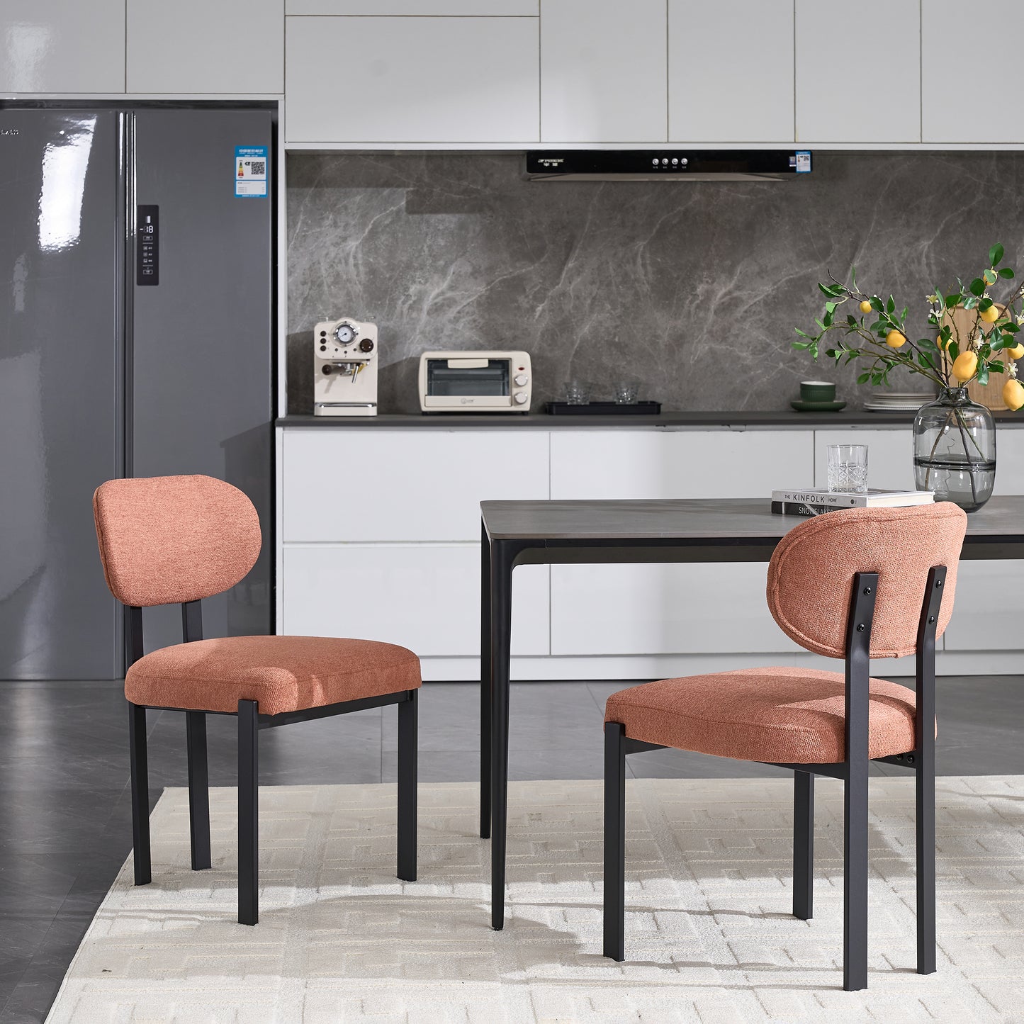 Modern Dining Room Chairs Set of 2, Mid-Century Upholstered Boucle Kitchen Dining Chairs with Black Metal Legs