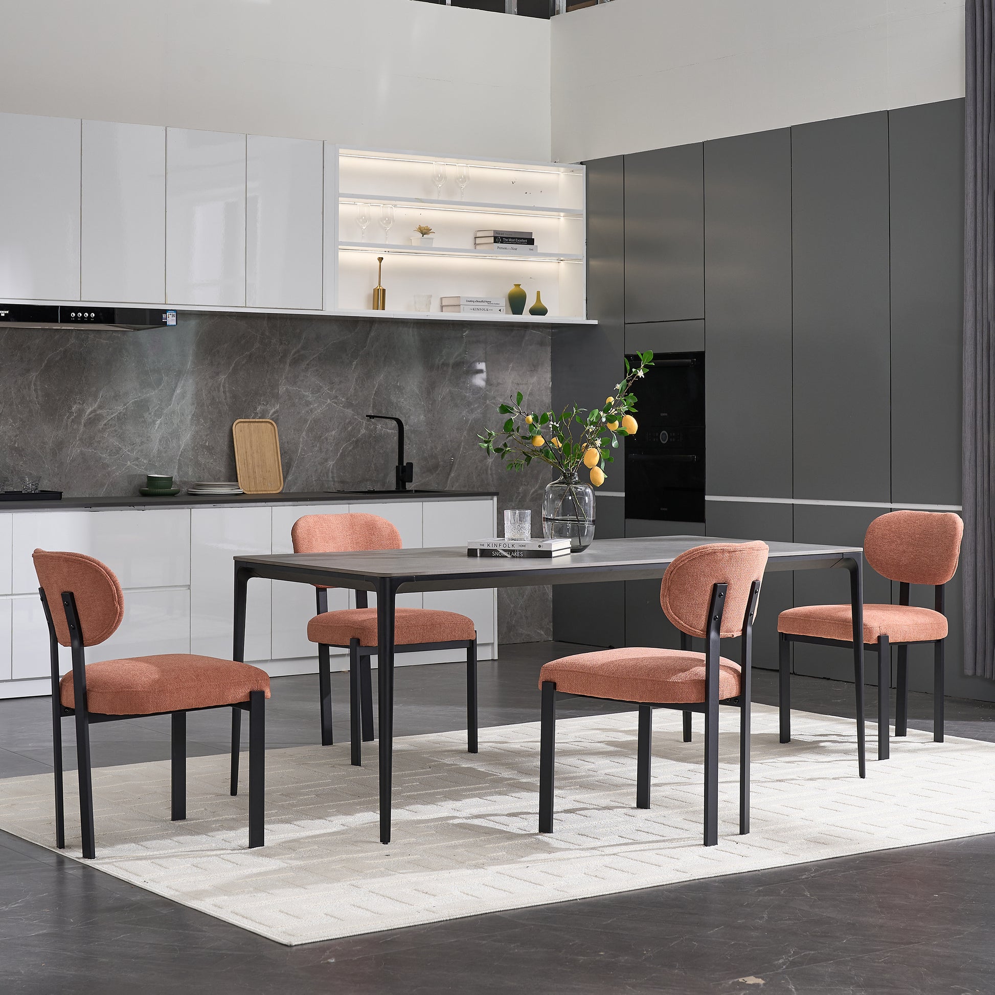 Modern Dining Room Chairs Set of 2, Mid-Century Upholstered Boucle Kitchen Dining Chairs with Black Metal Legs