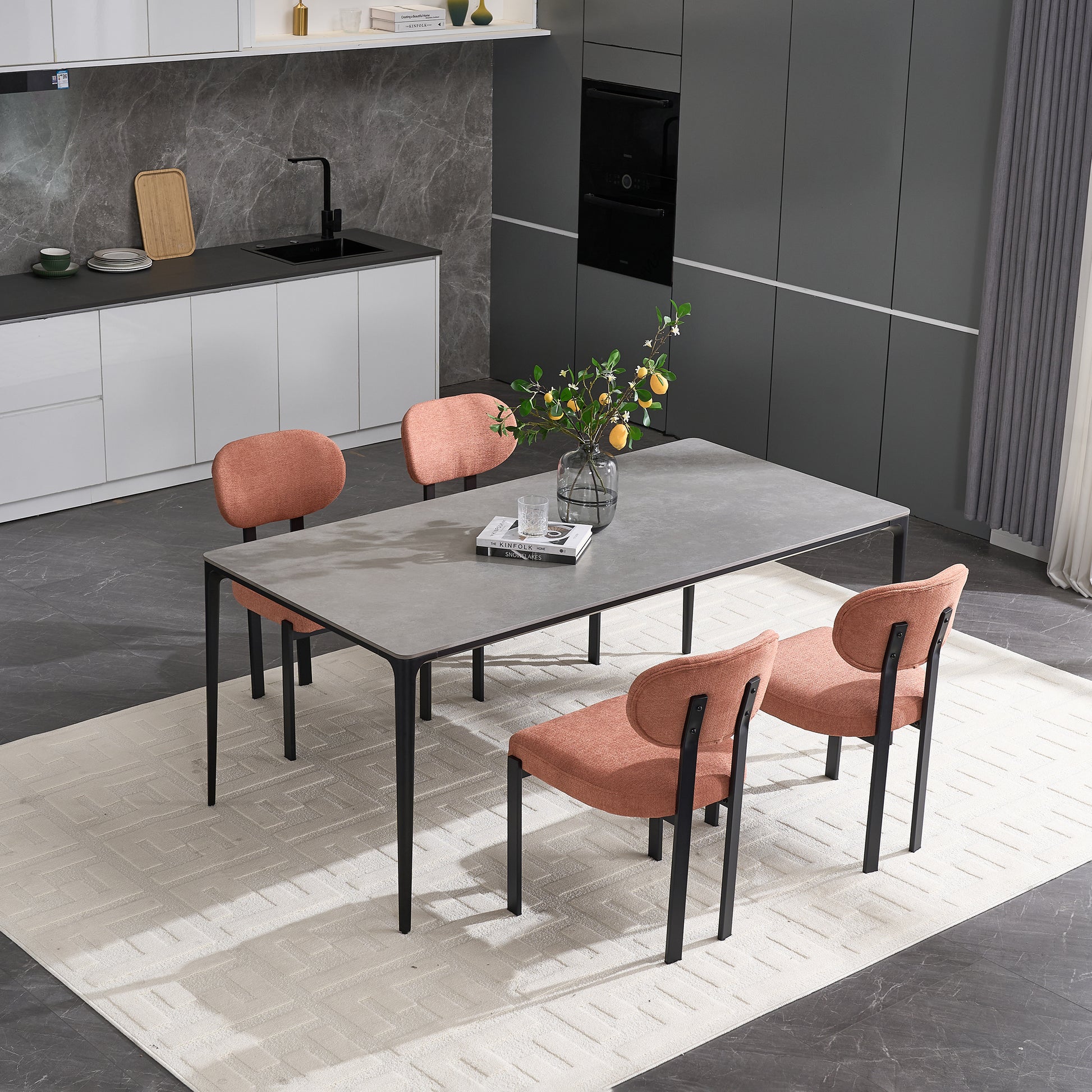 Modern Dining Room Chairs Set of 2, Mid-Century Upholstered Boucle Kitchen Dining Chairs with Black Metal Legs