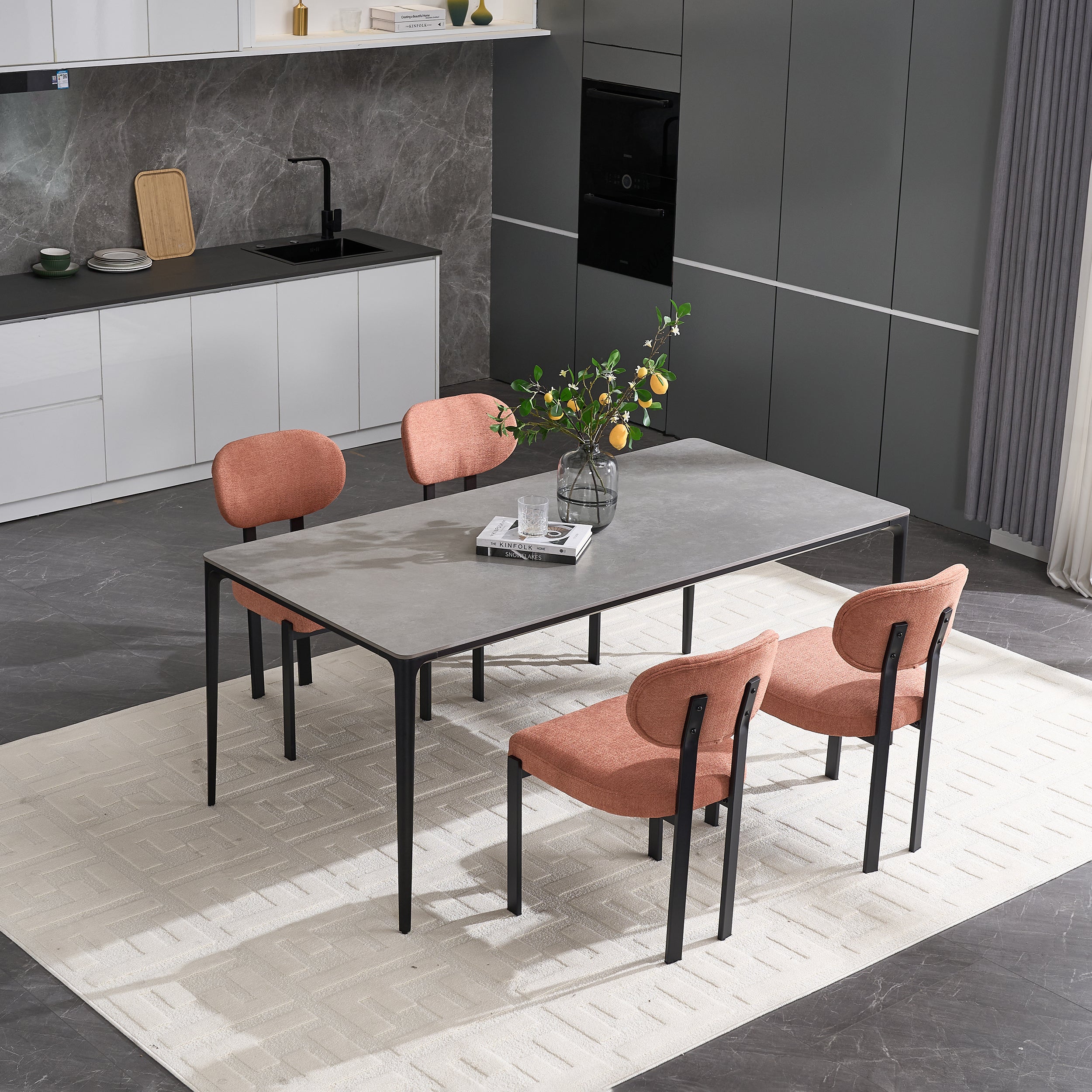 Modern Dining Room Chairs Set of 2, Mid-Century Upholstered Boucle Kitchen Dining Chairs with Black Metal Legs