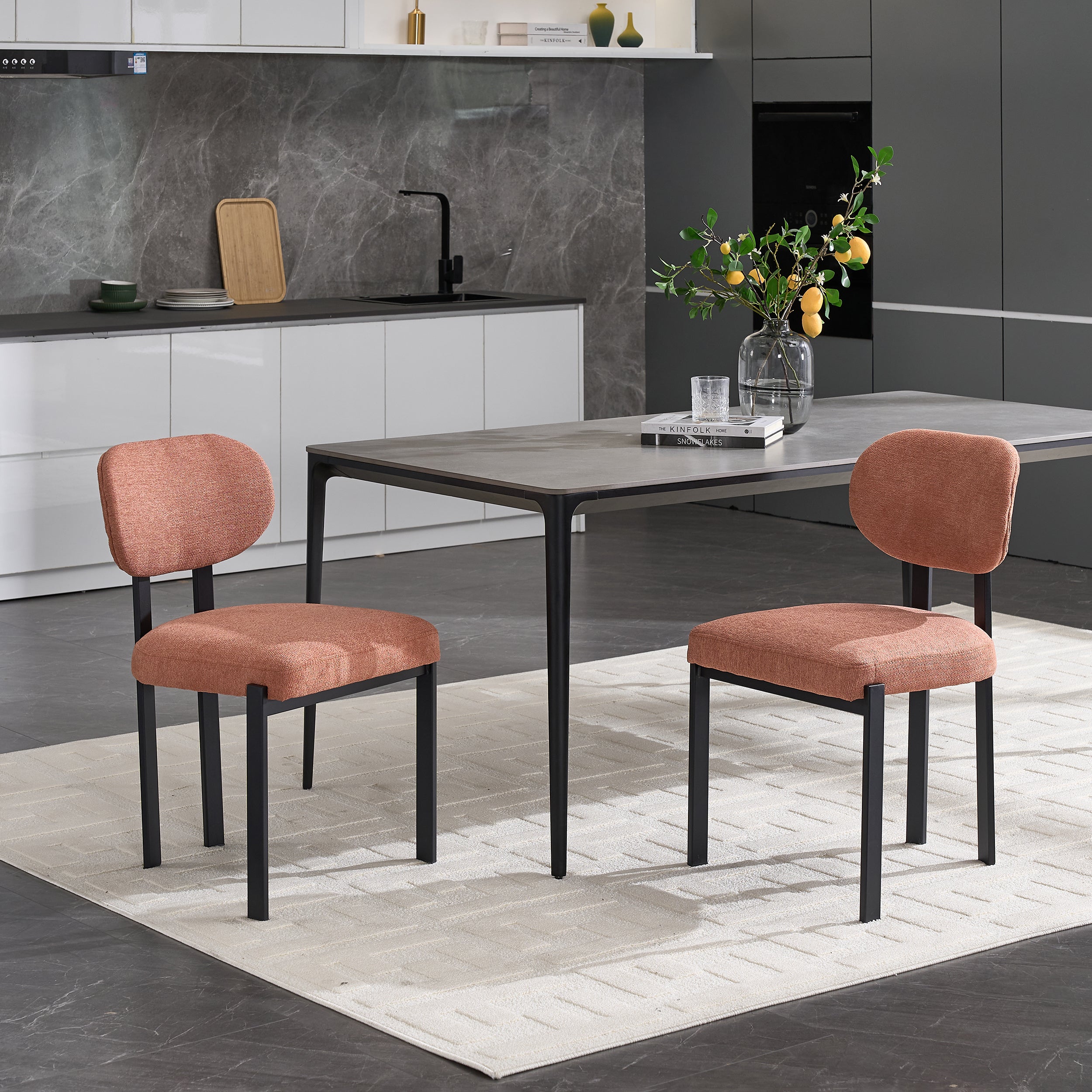 Modern Dining Room Chairs Set of 2, Mid-Century Upholstered Boucle Kitchen Dining Chairs with Black Metal Legs