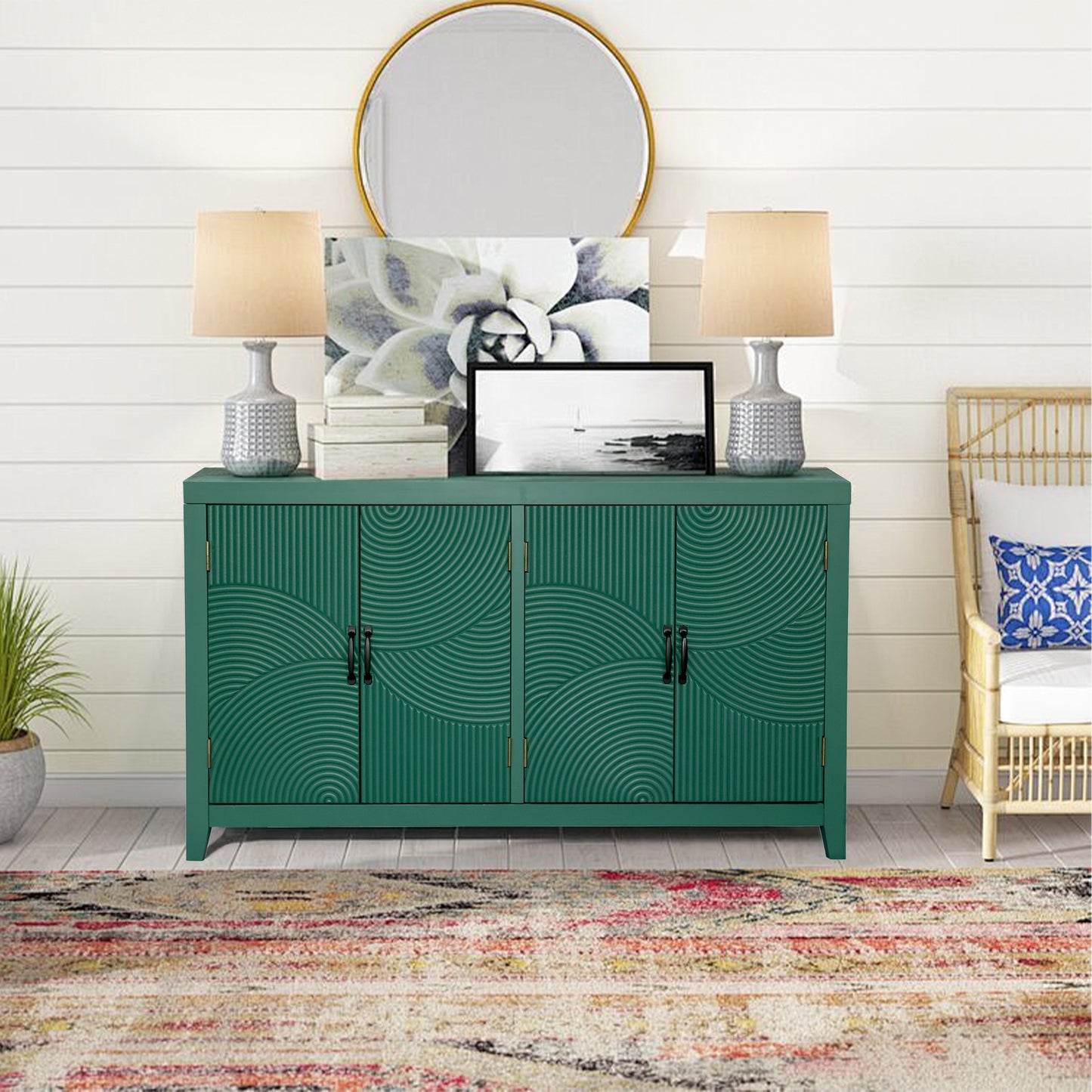 59'Green Accent Cabinet with 4 Doors, Mid Century Modern Pantry Cabinet, Wood Buffet Cabinet, Media Cabinet, Console Cabinet, Cabinet for Entryway, Living Room, Bedroom, Dining Room