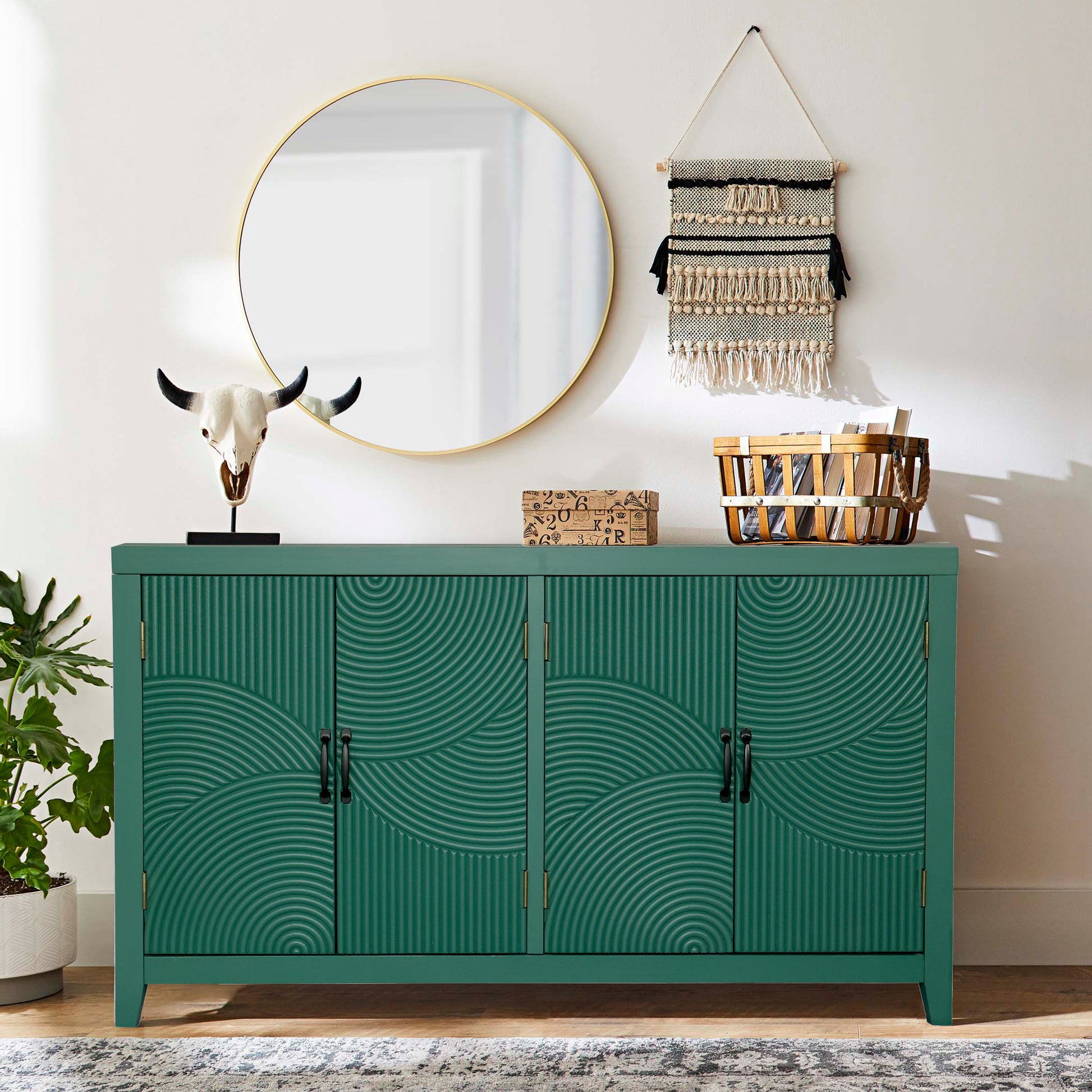59'Green Accent Cabinet with 4 Doors, Mid Century Modern Pantry Cabinet, Wood Buffet Cabinet, Media Cabinet, Console Cabinet, Cabinet for Entryway, Living Room, Bedroom, Dining Room