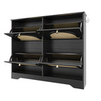 Mid-Century Narrow Design Tipping Bucket Shoe Cabinet with 4 Flip Drawers, Elegant Entryway Shoe Organizer with 4 Rattan Doors, Freestanding Shoe Rack with 2 Silvery Hooks for Hallway, Black, 42.1'W