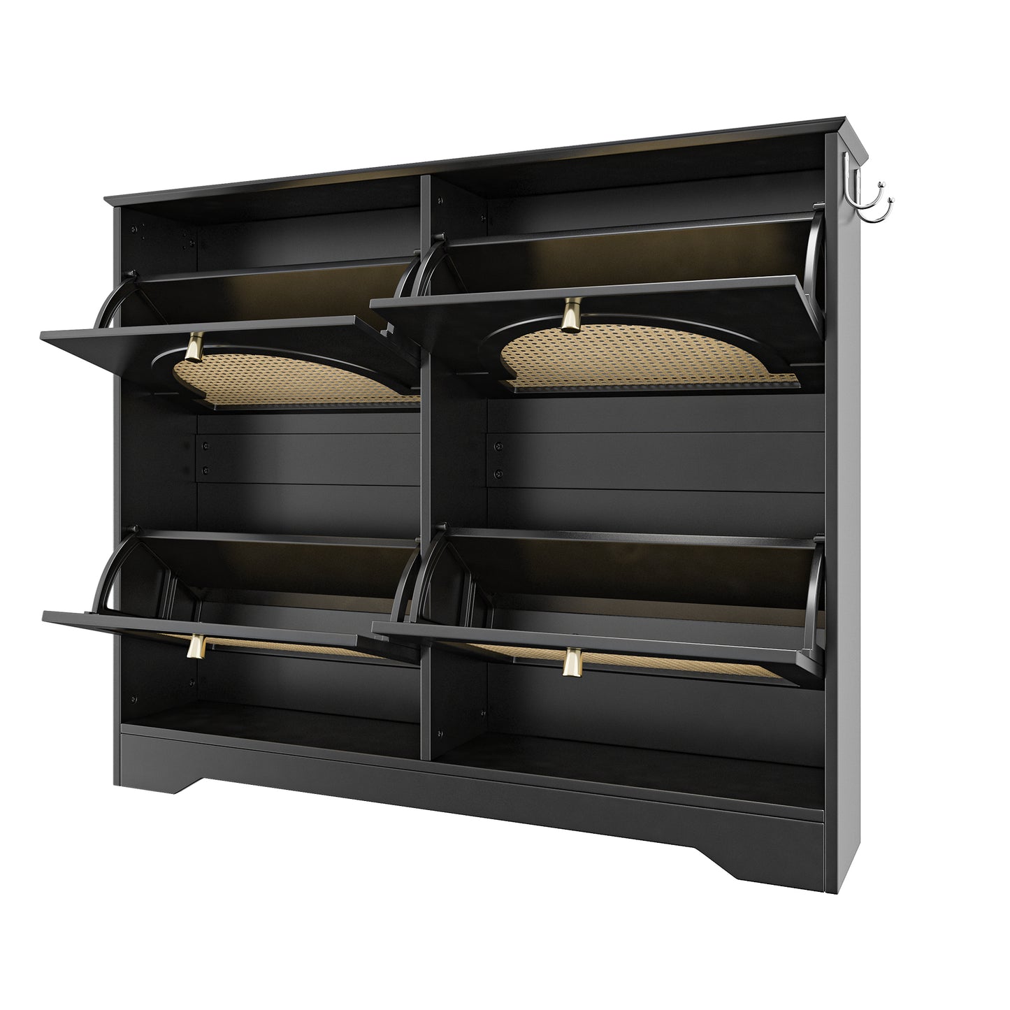 Mid-Century Narrow Design Tipping Bucket Shoe Cabinet with 4 Flip Drawers, Elegant Entryway Shoe Organizer with 4 Rattan Doors, Freestanding Shoe Rack with 2 Silvery Hooks for Hallway, Black, 42.1'W