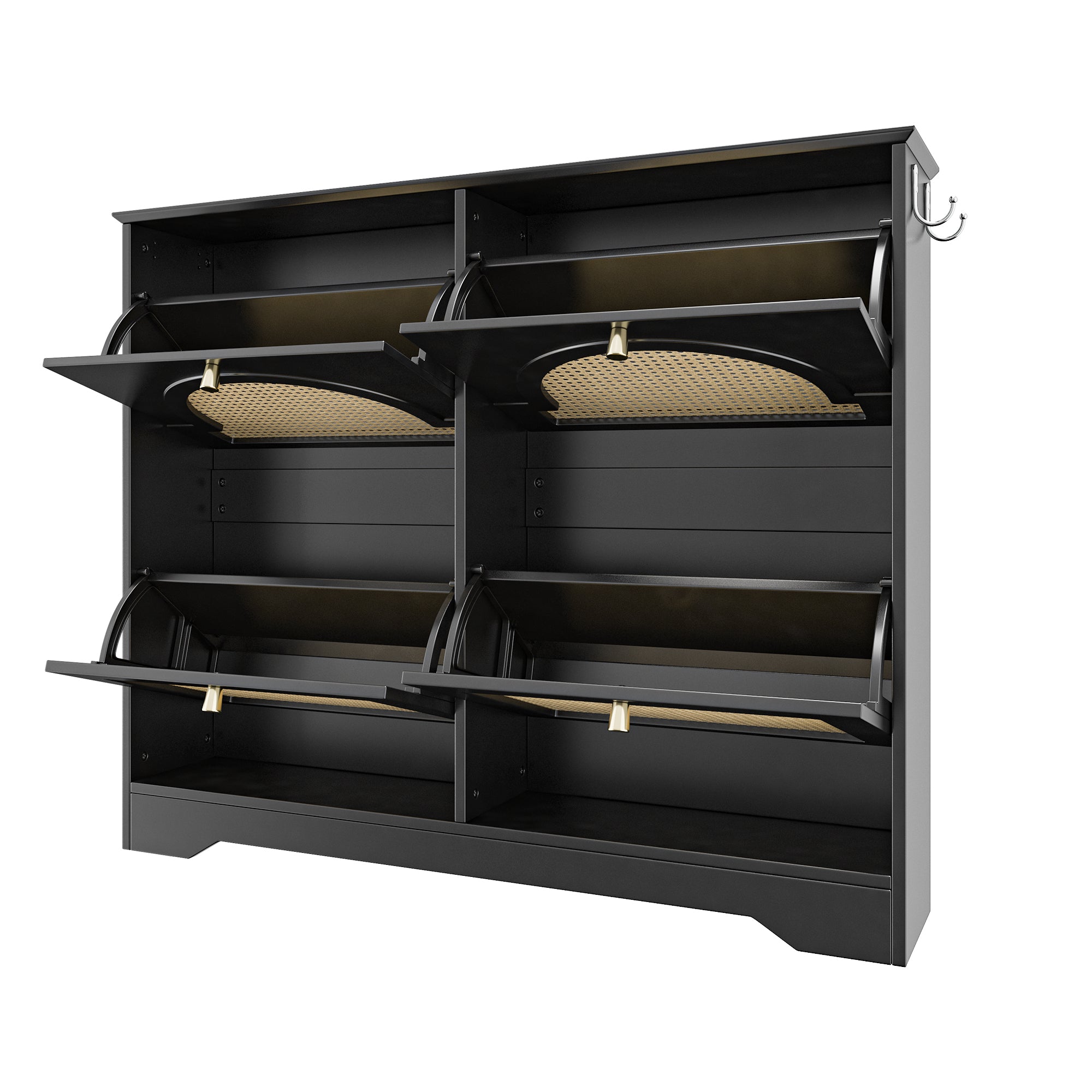 Mid-Century Narrow Design Tipping Bucket Shoe Cabinet with 4 Flip Drawers, Elegant Entryway Shoe Organizer with 4 Rattan Doors, Freestanding Shoe Rack with 2 Silvery Hooks for Hallway, Black, 42.1'W