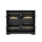 Mid-Century Narrow Design Tipping Bucket Shoe Cabinet with 4 Flip Drawers, Elegant Entryway Shoe Organizer with 4 Rattan Doors, Freestanding Shoe Rack with 2 Silvery Hooks for Hallway, Black, 42.1'W