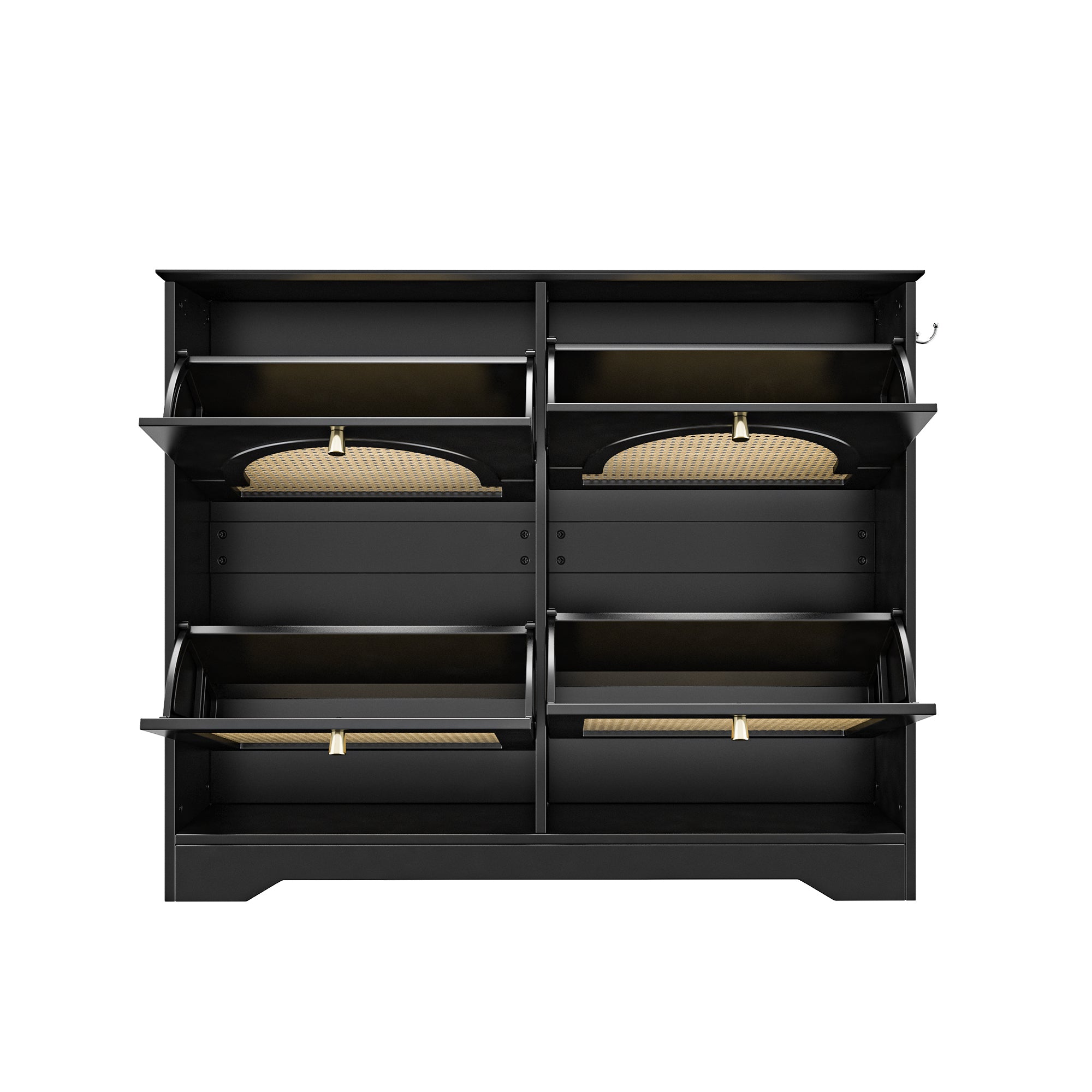 Mid-Century Narrow Design Tipping Bucket Shoe Cabinet with 4 Flip Drawers, Elegant Entryway Shoe Organizer with 4 Rattan Doors, Freestanding Shoe Rack with 2 Silvery Hooks for Hallway, Black, 42.1'W