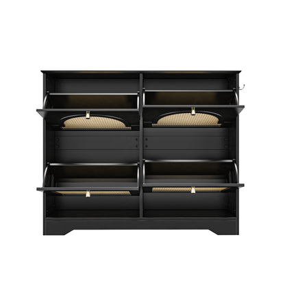 Mid-Century Narrow Design Tipping Bucket Shoe Cabinet with 4 Flip Drawers, Elegant Entryway Shoe Organizer with 4 Rattan Doors, Freestanding Shoe Rack with 2 Silvery Hooks for Hallway, Black, 42.1'W