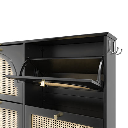 Mid-Century Narrow Design Tipping Bucket Shoe Cabinet with 4 Flip Drawers, Elegant Entryway Shoe Organizer with 4 Rattan Doors, Freestanding Shoe Rack with 2 Silvery Hooks for Hallway, Black, 42.1'W