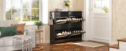 Mid-Century Narrow Design Tipping Bucket Shoe Cabinet with 4 Flip Drawers, Elegant Entryway Shoe Organizer with 4 Rattan Doors, Freestanding Shoe Rack with 2 Silvery Hooks for Hallway, Black, 42.1'W