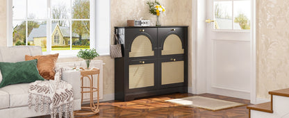 Mid-Century Narrow Design Tipping Bucket Shoe Cabinet with 4 Flip Drawers, Elegant Entryway Shoe Organizer with 4 Rattan Doors, Freestanding Shoe Rack with 2 Silvery Hooks for Hallway, Black, 42.1'W