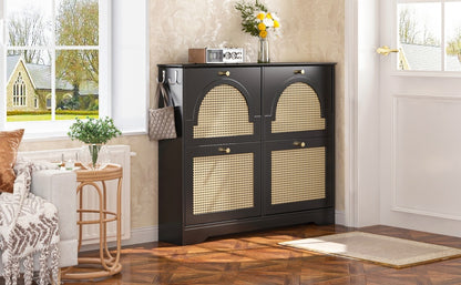 Mid-Century Narrow Design Tipping Bucket Shoe Cabinet with 4 Flip Drawers, Elegant Entryway Shoe Organizer with 4 Rattan Doors, Freestanding Shoe Rack with 2 Silvery Hooks for Hallway, Black, 42.1'W