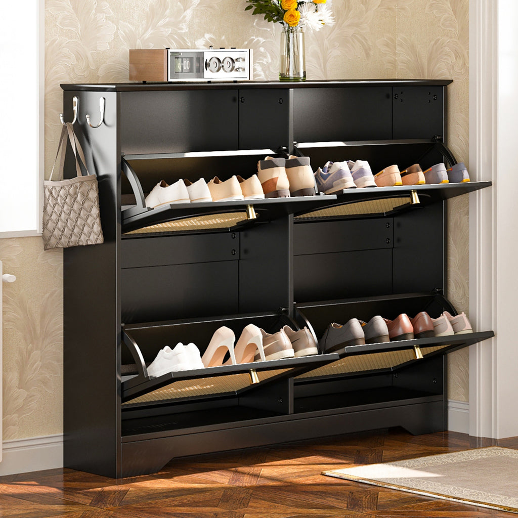Mid-Century Narrow Design Tipping Bucket Shoe Cabinet with 4 Flip Drawers, Elegant Entryway Shoe Organizer with 4 Rattan Doors, Freestanding Shoe Rack with 2 Silvery Hooks for Hallway, Black, 42.1'W