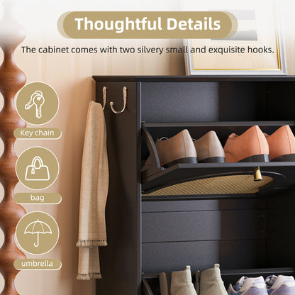 Mid-Century Narrow Design Tipping Bucket Shoe Cabinet with 4 Flip Drawers, Elegant Entryway Shoe Organizer with 4 Rattan Doors, Freestanding Shoe Rack with 2 Silvery Hooks for Hallway, Black, 42.1'W