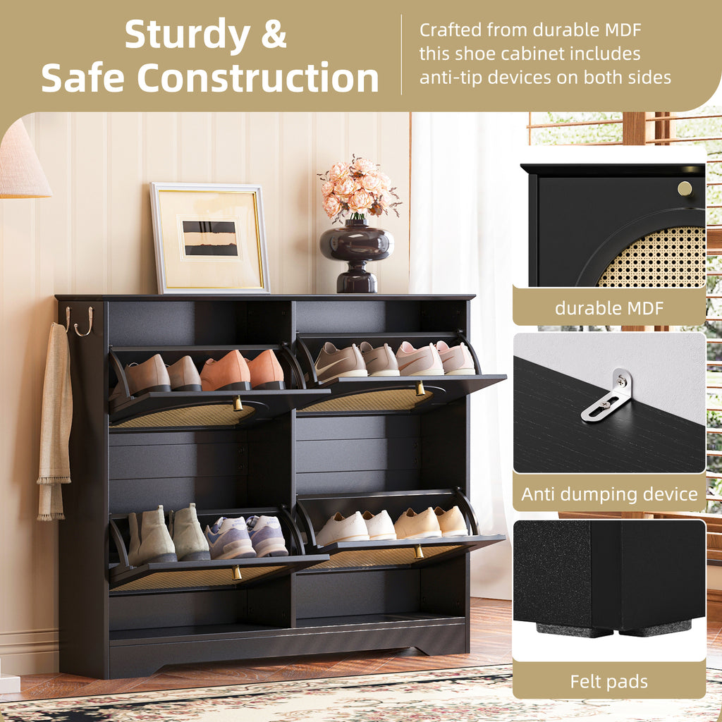 Mid-Century Narrow Design Tipping Bucket Shoe Cabinet with 4 Flip Drawers, Elegant Entryway Shoe Organizer with 4 Rattan Doors, Freestanding Shoe Rack with 2 Silvery Hooks for Hallway, Black, 42.1'W