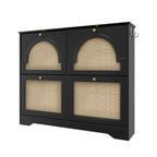 Mid-Century Narrow Design Tipping Bucket Shoe Cabinet with 4 Flip Drawers, Elegant Entryway Shoe Organizer with 4 Rattan Doors, Freestanding Shoe Rack with 2 Silvery Hooks for Hallway, Black, 42.1'W