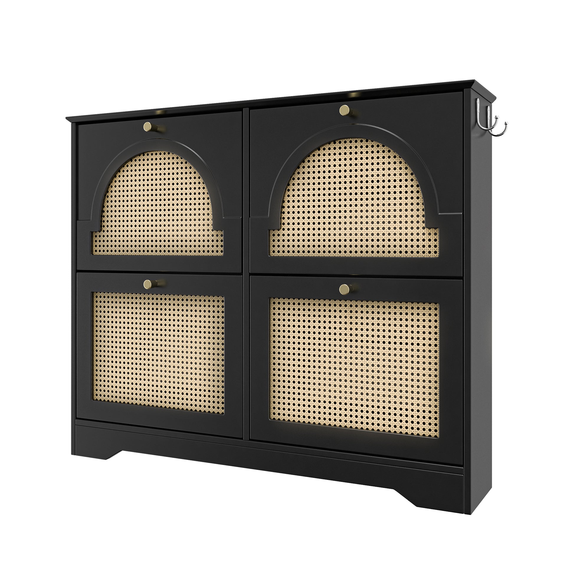 Mid-Century Narrow Design Tipping Bucket Shoe Cabinet with 4 Flip Drawers, Elegant Entryway Shoe Organizer with 4 Rattan Doors, Freestanding Shoe Rack with 2 Silvery Hooks for Hallway, Black, 42.1'W