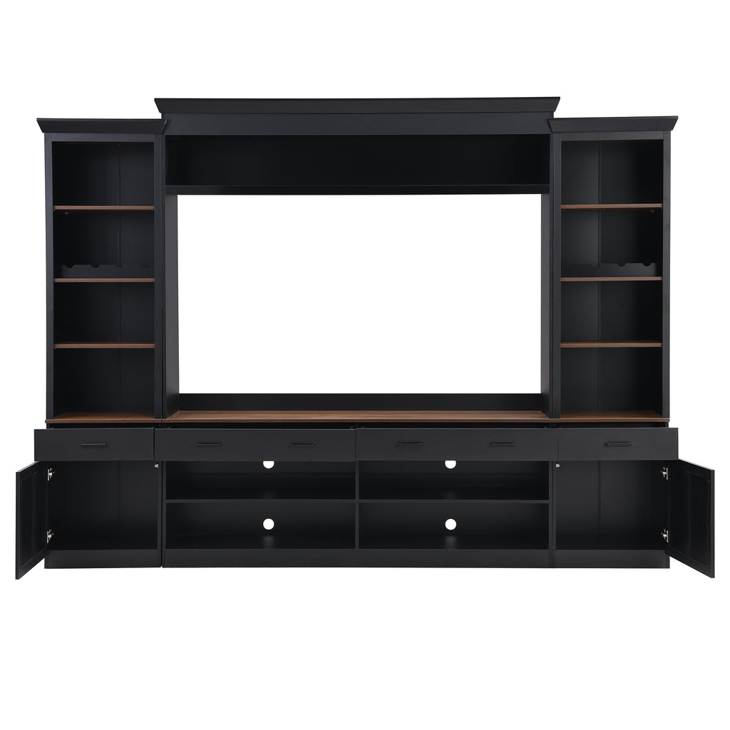 ON-TREND Farmhouse 4-Piece Entertainment Wall Unit Set with Bookshelf for TVs Up to 70', Walnut TV Stand with Adjustable Shelves, Mid-Century Large Media Console with Wine Rack for Living Room, Black