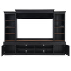 ON-TREND Farmhouse 4-Piece Entertainment Wall Unit Set with Bookshelf for TVs Up to 70', Walnut TV Stand with Adjustable Shelves, Mid-Century Large Media Console with Wine Rack for Living Room, Black