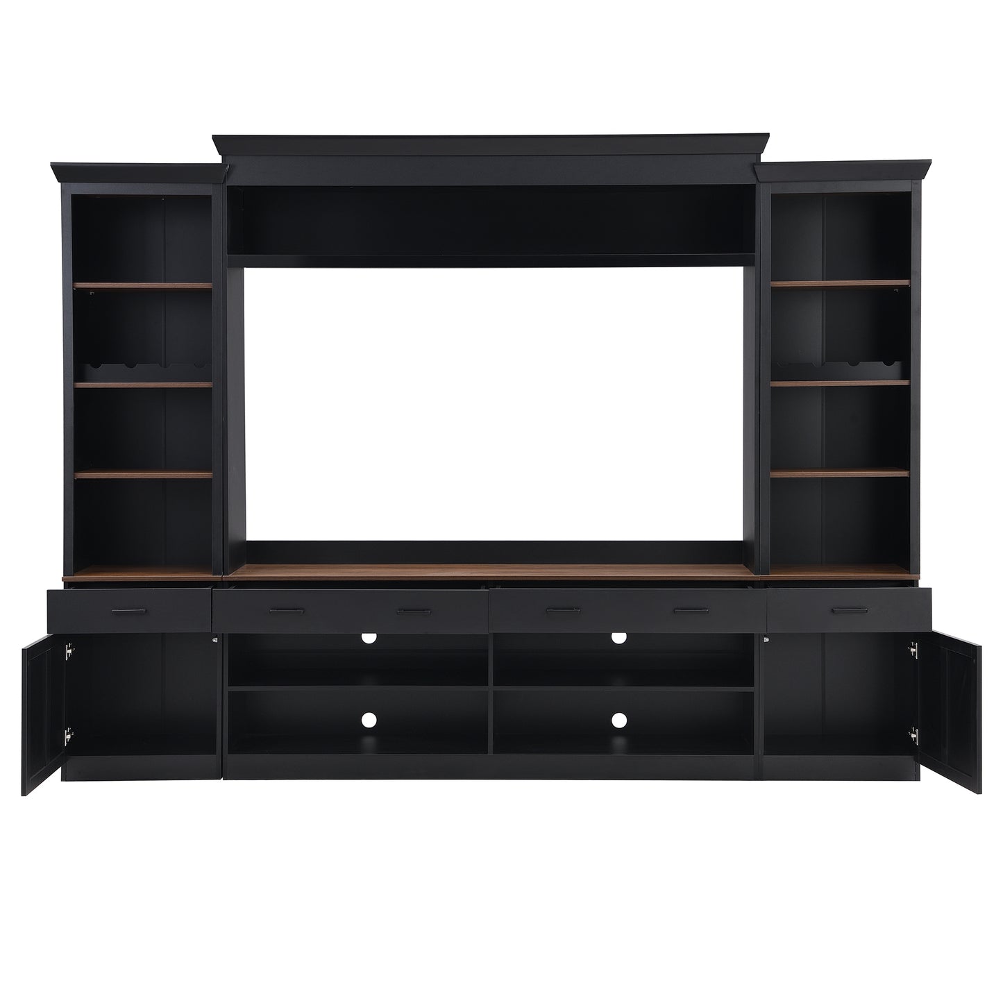 ON-TREND Farmhouse 4-Piece Entertainment Wall Unit Set with Bookshelf for TVs Up to 70', Walnut TV Stand with Adjustable Shelves, Mid-Century Large Media Console with Wine Rack for Living Room, Black