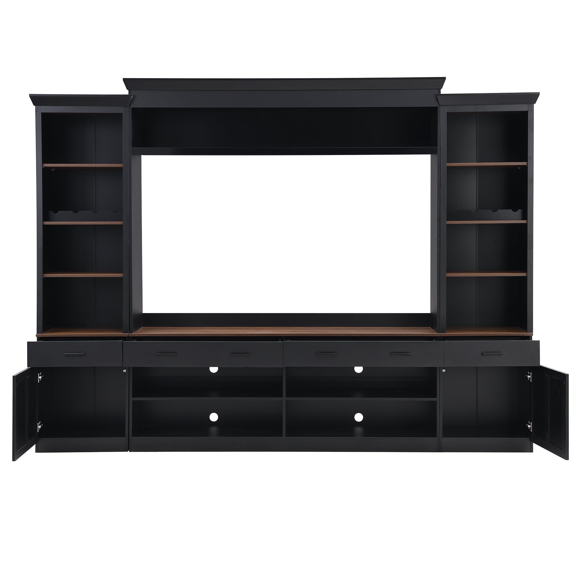 ON-TREND Farmhouse 4-Piece Entertainment Wall Unit Set with Bookshelf for TVs Up to 70', Walnut TV Stand with Adjustable Shelves, Mid-Century Large Media Console with Wine Rack for Living Room, Black