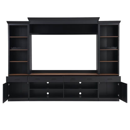 ON-TREND Farmhouse 4-Piece Entertainment Wall Unit Set with Bookshelf for TVs Up to 70', Walnut TV Stand with Adjustable Shelves, Mid-Century Large Media Console with Wine Rack for Living Room, Black
