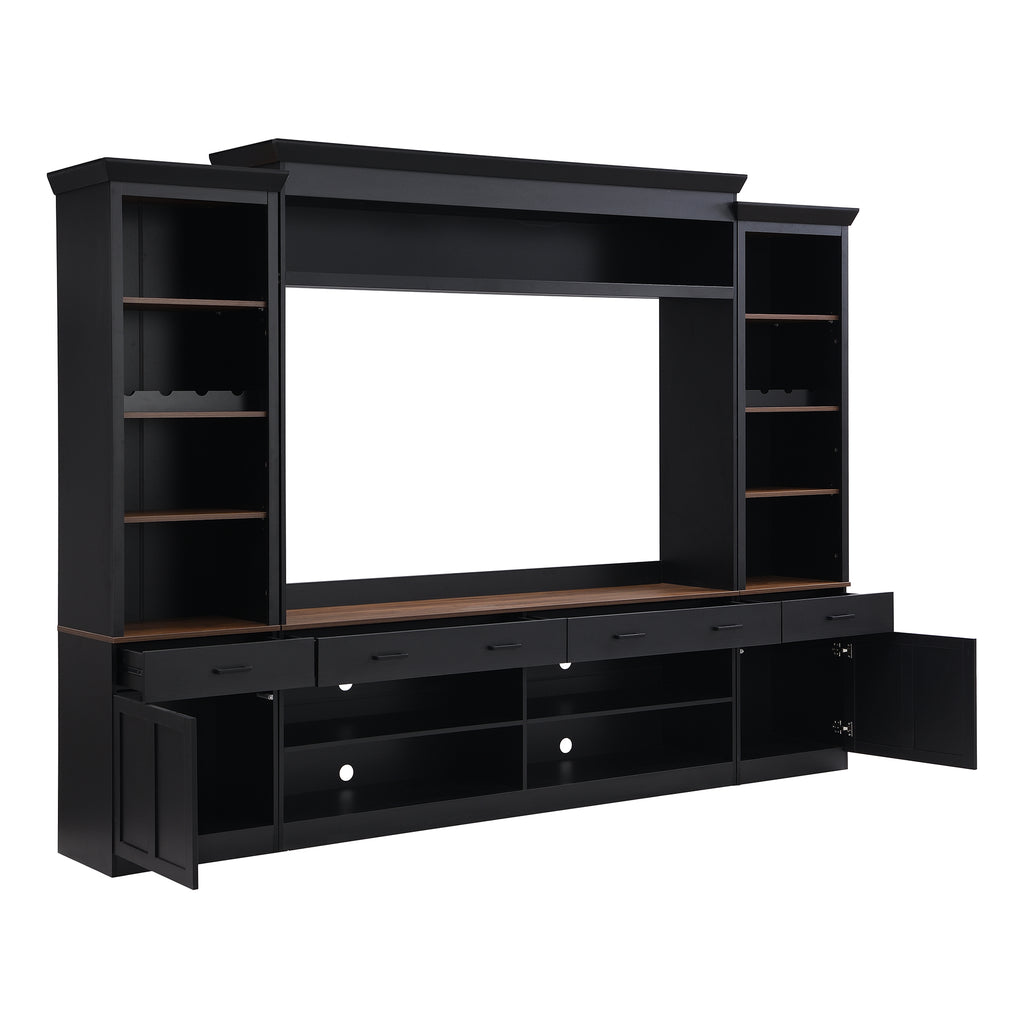 ON-TREND Farmhouse 4-Piece Entertainment Wall Unit Set with Bookshelf for TVs Up to 70', Walnut TV Stand with Adjustable Shelves, Mid-Century Large Media Console with Wine Rack for Living Room, Black