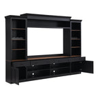 ON-TREND Farmhouse 4-Piece Entertainment Wall Unit Set with Bookshelf for TVs Up to 70', Walnut TV Stand with Adjustable Shelves, Mid-Century Large Media Console with Wine Rack for Living Room, Black