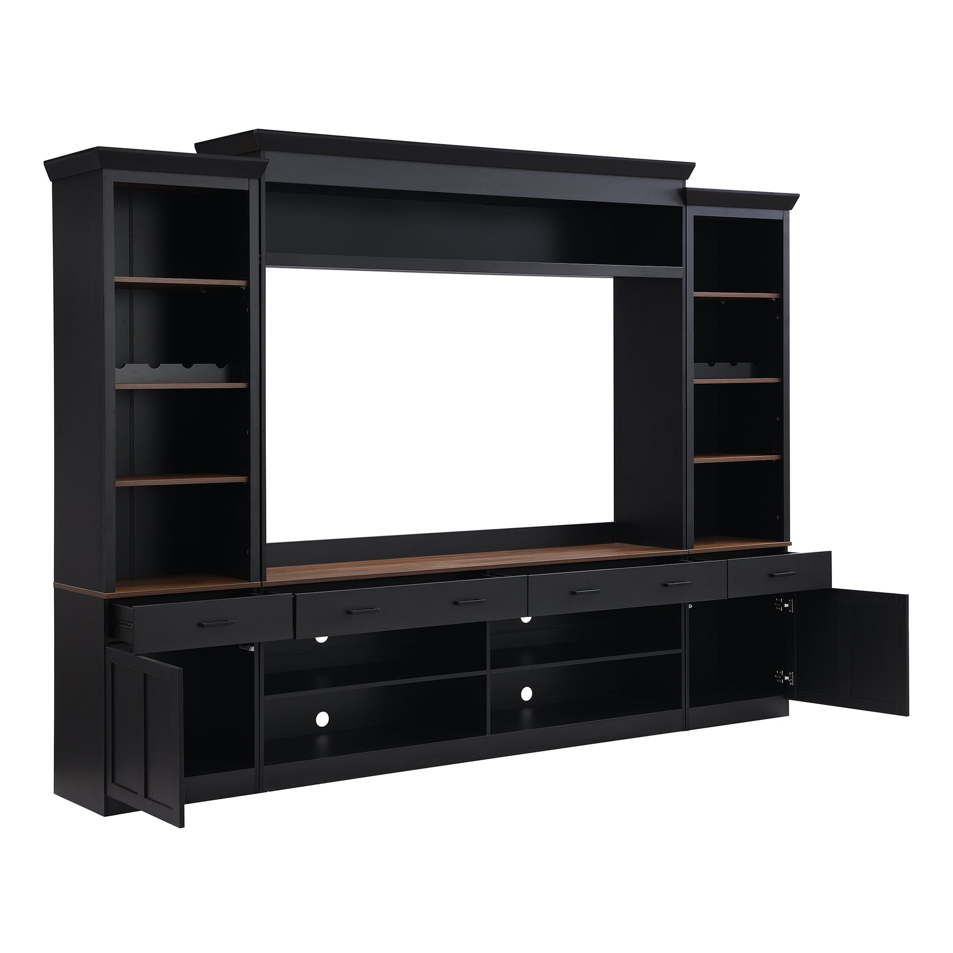 ON-TREND Farmhouse 4-Piece Entertainment Wall Unit Set with Bookshelf for TVs Up to 70', Walnut TV Stand with Adjustable Shelves, Mid-Century Large Media Console with Wine Rack for Living Room, Black