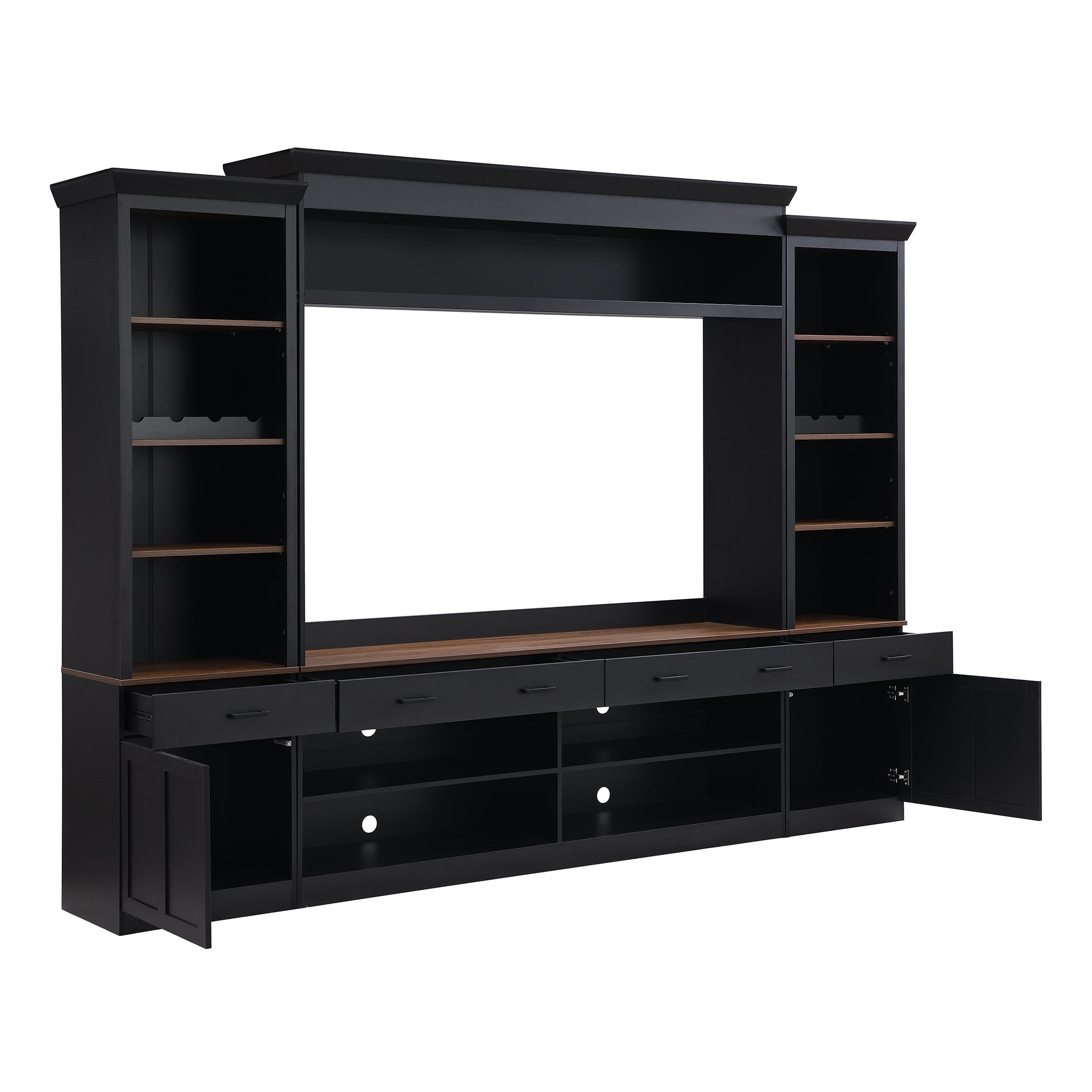ON-TREND Farmhouse 4-Piece Entertainment Wall Unit Set with Bookshelf for TVs Up to 70', Walnut TV Stand with Adjustable Shelves, Mid-Century Large Media Console with Wine Rack for Living Room, Black