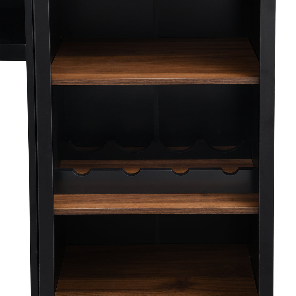 ON-TREND Farmhouse 4-Piece Entertainment Wall Unit Set with Bookshelf for TVs Up to 70', Walnut TV Stand with Adjustable Shelves, Mid-Century Large Media Console with Wine Rack for Living Room, Black